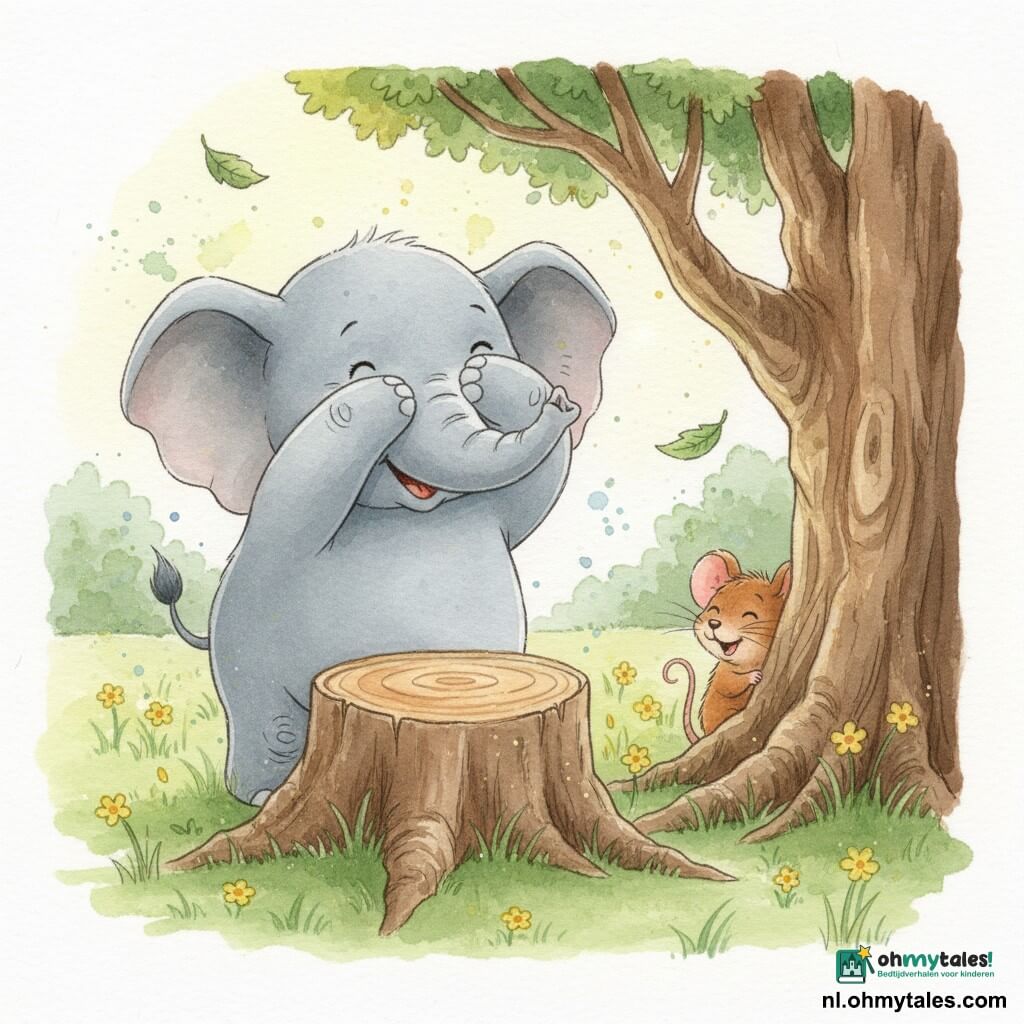 Een grote zachte grijze olifant met ronde gelaatstrekken en vriendelijke ogen telt met zijn poot voor zijn ogen voor een grote stronk; een kleine bruine muis met pluizige vacht en glanzende zwarte ogen lacht en verstopt zich achter een nabijstaande boomstronk waarbij alleen haar oren te zien zijn; decor: een zonnige open plek met groen gras en gele bloemetjes, een grote eik met een ruwe stam en enkele zacht dwarrelende bladeren; scène: verstoppertje met vrolijke spanning en beweging gesuggereerd door aquarelspatten rondom de figuren.