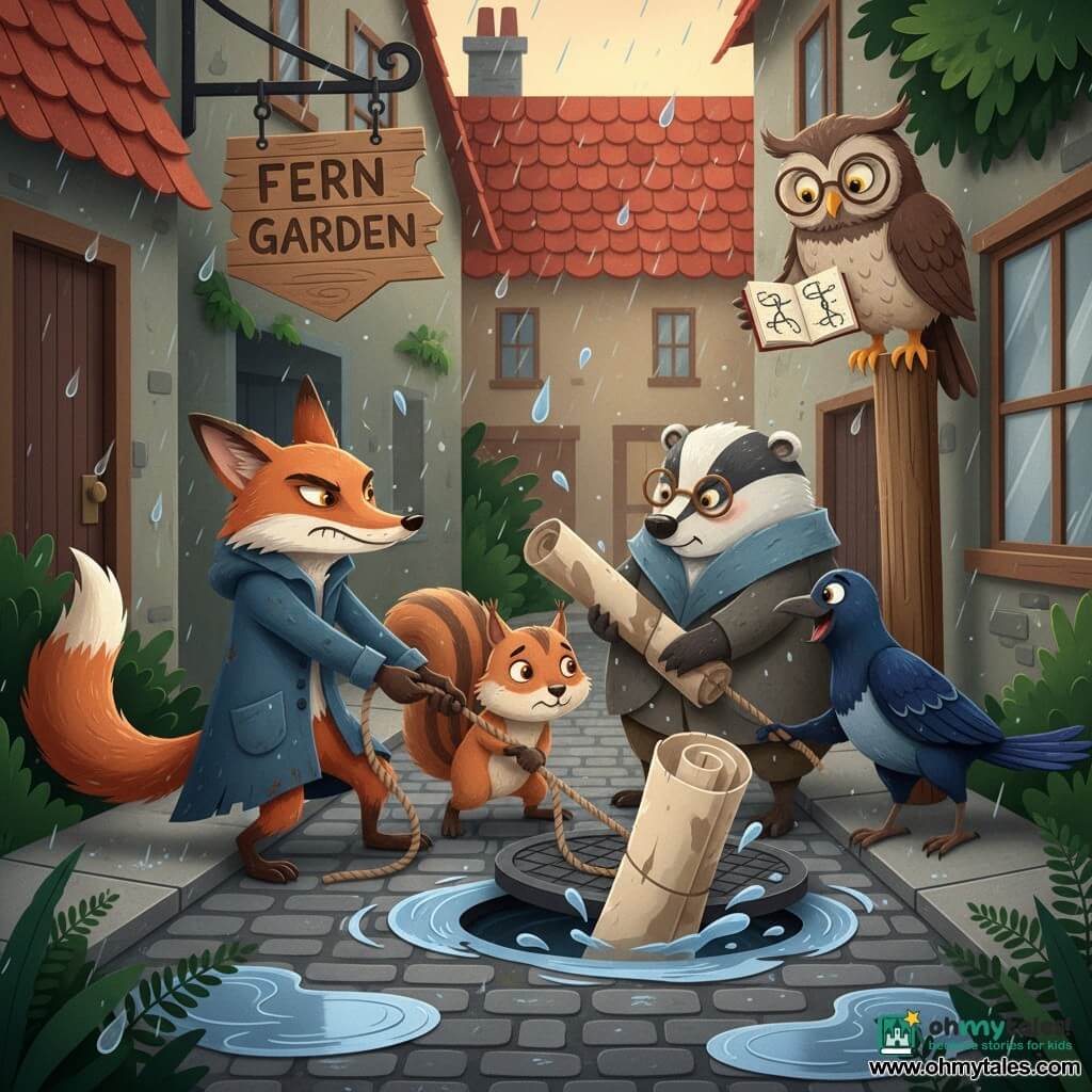 Felix the anthropomorphic fox, thin and red with a mischievous but focused almond-eyed expression, wearing a worn blue coat and pulling a rope; Pip the small striped brown squirrel, ashamed but relieved, crouched by a wet manhole with muddy paws helping pull; Mrs. Badger, round and wise with gray fur and round glasses, stern yet reassuring, holding a damp cardboard tube like a scoop to retrieve a soaked rolled map and standing near the gutter; Otis the owl, tall and fluffy with dangling glasses, watching from a nearby post and consulting a small knot notebook; Marnie the magpie, glossy black with blue sheen, enthusiastic and holding a flat stone to wedge the grate; setting: a wet cobbled alley behind a bakery with silver puddles, red tiles, a bitten wooden "Fern Garden" sign, dark ferns and a central black metal grate with swirling water; main scene: a dynamic rescue as the animals work together to lift the grate and recover the waterlogged map, droplets suspended and stylized paper-cut splashes, soft post-rain light; graphic style: layered paper textures, crisp cut edges, soft layered shadows, saturated contrasts and crumpled-paper details for water and clothing.