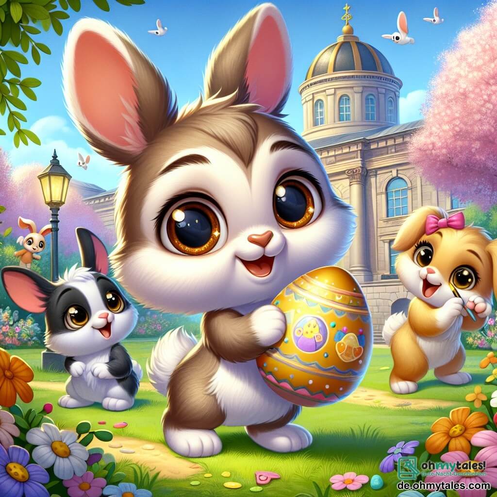 Ein kleiner Hase namens Felix mit einem weichen, hellbraunen Fell, großen ausdrucksvollen Ohren und funkelnden neugierigen Augen steht in der Mitte des Bildes und hält ein mit einem goldenen Symbol verziertes Osterei, während er mit einem erstaunten Lächeln im Gesicht schaut. Rechts von ihm ist Paul, ein weiterer kleiner Hase mit schwarz-weißem Fell und leuchtenden runden Augen, der Felix aufgeregt ansieht und mit aufgerichteten Ohren einen bunten Pinsel in einer Pfote hält. Links springt Mia, eine hübsche Häsin mit goldenem Fell und einer rosa Schleife in den Ohren, vor Freude und zeigt mit funkelnden Augen auf ein altes Gebäude im Hintergrund. Der Ort ist ein frühlingshafter Park voller bunter Blumen, mit blühenden Bäumen und einem strahlend blauen Himmel, wo Kinder fröhlich im Hintergrund spielen. Die Szene zeigt Felix und seine Freunde, die einen Schatz hinter einem alten Gemälde in einem Museum entdecken, umgeben von Ostern dekorationen und schafft eine festliche, magische Atmosphäre.