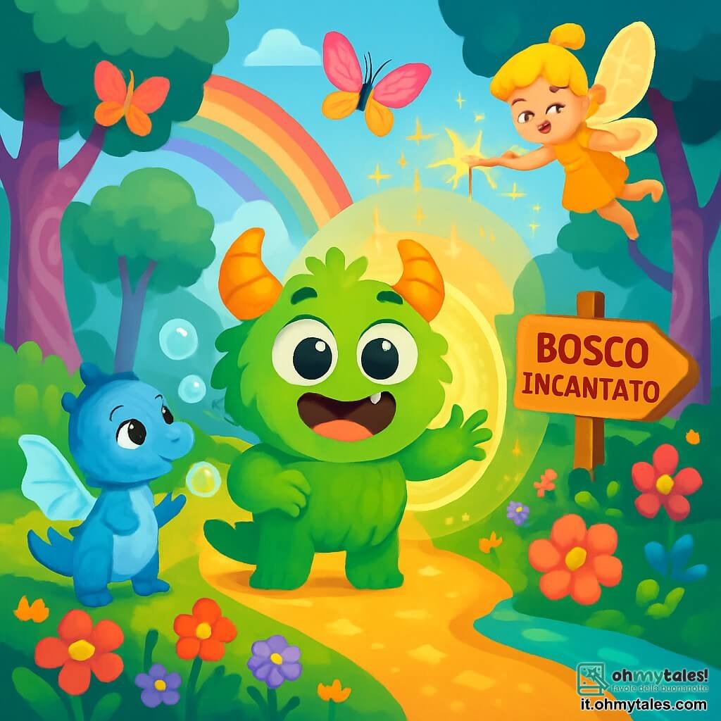 Un piccolo mostro di nome Pippo, con un pelaggio verde brillante e grandi occhi rotondi e curiosi, si trova al centro della scena, mostrando un'espressione di gioia ed eccitazione. Ha piccole corna a spirale e un sorriso radioso, mentre guarda un sentiero scintillante che porta a un mondo magico. Accanto a lui, Lillo il drago, un piccolo drago blu con squame brillanti e ali traslucide, soffia bolle di sapone che fluttuano nell'aria, aggiungendo un tocco di magia all'ambiente. Tina, una piccola fata dai capelli dorati e ali scintillanti, vola sopra di loro, illuminando la scena con la sua luce dorata e lanciando scintille di magia. Il luogo è un magnifico Bosco Incantato, pieno di alberi con tronchi di zucchero filato e fiori colorati che brillano sotto un cielo arcobaleno. La situazione principale mostra Pippo, Lillo e Tina uniti per creare uno scudo di luce attorno a un antico santuario di fiori luminosi, proteggendo il loro mondo magico da un vento oscuro minaccioso. L'atmosfera è gioiosa e piena di energia, con colori vivaci che evocano magia e amicizia.