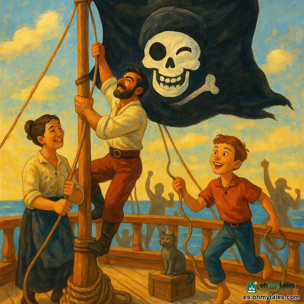 Hombre adulto, el capitán Darío Malacara, barbudo y bronceado, orgulloso y aliviado, sube al mástil para izar una gran bandera negra; mujer adulta, Lía “Cuerda Fina”, contramaestre, pelo castaño en moño y ropa práctica manchada de tinta, sujeta la driza al pie del mástil y sonríe detrás de Darío a babor; chico de unos 14 años, Nico, marinero joven de pelo corto y ojos abiertos, salta en la cubierta riendo con una cuerda en la mano a estribor mirando la bandera; varios marineros al fondo vitorean con los puños alzados y un gato gris sobre una caja cerca de la popa; cubierta de madera barnizada y gastada con cabos enrollados, cielo azul amplio con nubes finas y mar brillante en el horizonte bajo una luz dorada de tarde; la gran bandera negra ondea en lo alto del mástil, tela arrugada por el viento con un dibujo blanco de una calavera guiñando, ambiente de triunfo cálido, colores ricos y texturas visibles de pintura acrílica.