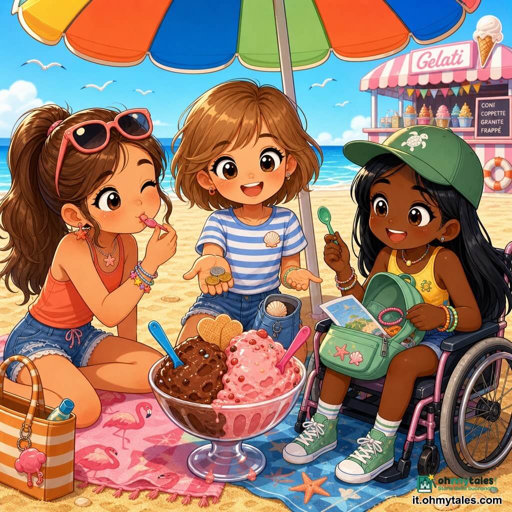 Ci sono 3 bambine: Marta, circa 11 anni, capelli castano chiaro corti, maglietta a righe blu e bianca, borsettina aperta con conchiglia in tasca, mostra monete sul palmo, seduta al centro sotto il grande ombrellone; Giulia, circa 11 anni, capelli castani raccolti in una coda alta, occhiali da sole sulla testa, canotta corallo, fa la smorfia poi ride prendendo il primo cucchiaino di gelato, a sinistra di Marta; Sara, circa 12 anni, capelli neri lisci, berretto verde, seduta su una piccola carrozzina da spiaggia stilizzata, zaino aperto con mappa e elastico visibili, sorride tenendo un cucchiaino, a destra di Marta vicino all’ombrellone. Luogo: spiaggia soleggiata con sabbia dorata, grande ombrellone a spicchi colorati (arancione, blu, verde), asciugamani con fenicotteri e stelle marine, chiosco di gelato sullo sfondo e mare calmo all’orizzonte. Situazione: le tre amiche sotto il parasole condividono una grande coppetta di gelato metà cioccolato e metà fragola con cucchiaini di plastica colorati, espressioni gioiose, gocce di gelato che brillano al sole; atmosfera estiva, stile chibi carino con contorni netti, colori vivaci e texture da fumetto.