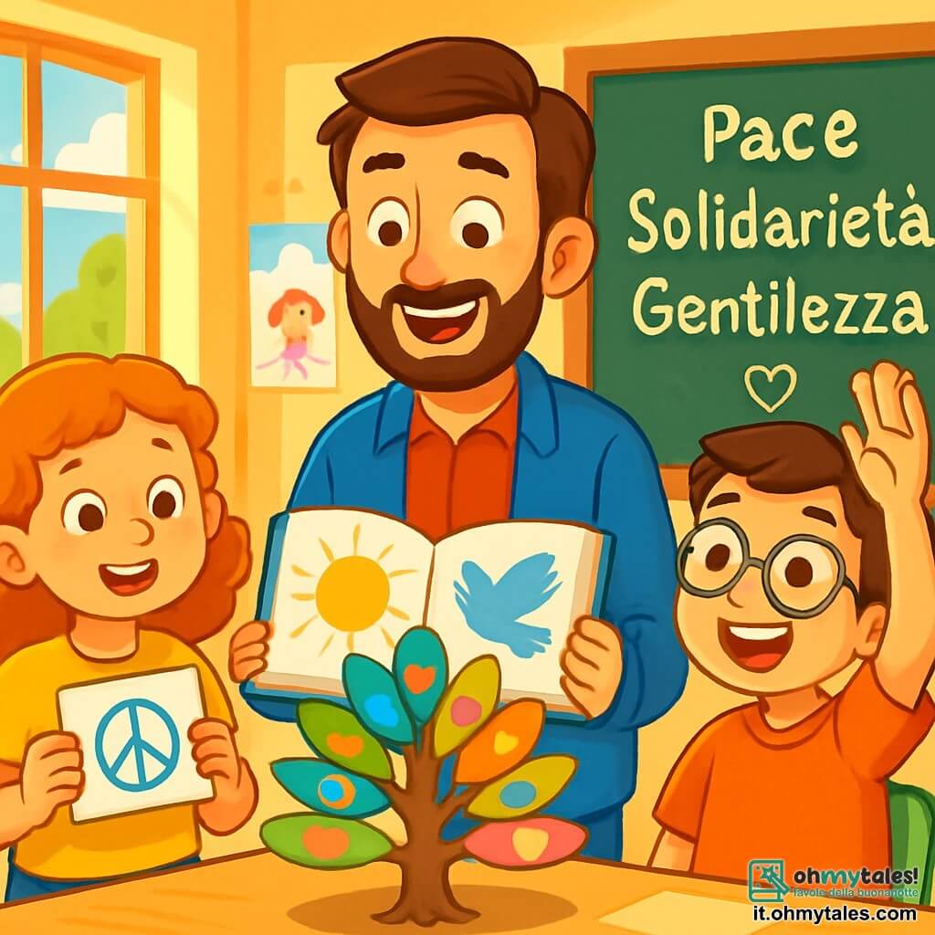 Un uomo sorridente, di circa 40 anni, con capelli castani e una barba ben curata, si trova al centro dell'immagine, tenendo un libro aperto tra le mani. La sua espressione è calorosa e coinvolgente, i suoi occhi brillano di entusiasmo mentre parla a un gruppo di bambini. Una ragazza dai capelli ricci, di 8 anni, si trova alla sua sinistra, con gli occhi spalancati per ammirazione, tenendo un piccolo disegno di pace che ha appena creato. Alla sua destra, un ragazzo con gli occhiali, di circa 9 anni, alza la mano con curiosità, un grande sorriso sul volto, pronto a fare una domanda. La scena si svolge in un'aula luminosa, con pareti decorate da disegni di bambini e una lavagna piena di parole sulla pace. I raggi di sole filtrano attraverso le finestre, illuminando l'atmosfera gioiosa e ispiratrice. Il gruppo è riunito attorno a un grande albero di carta, decorato con messaggi di pace colorati, mentre l'uomo spiega l'importanza della solidarietà e della gentilezza. I bambini ascoltano attentamente, catturati dal suo discorso, creando un'atmosfera di apprendimento e amicizia.