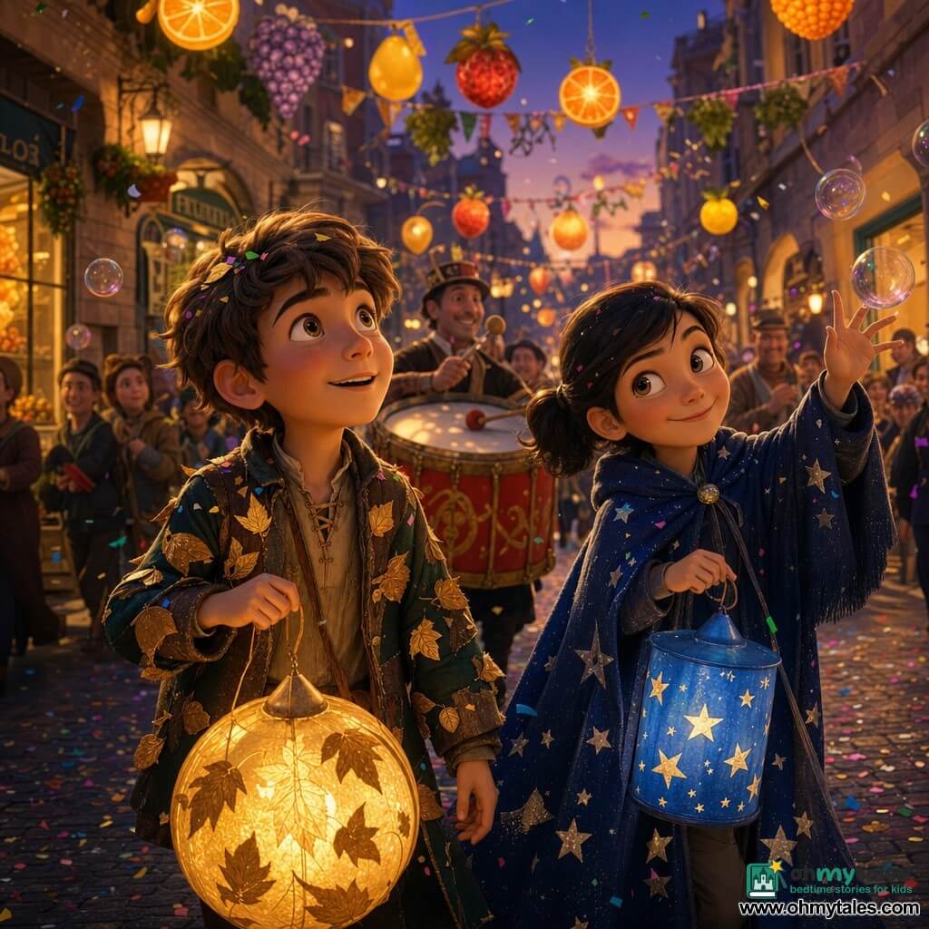 Two children, Luca (about 11) with short brown hair wearing a patched jacket adorned with gold-paper leaves and holding a round gold paper lantern with leaf cutouts, and Maya (about 11) with black hair in a ponytail wearing a navy cape painted with silver stars and holding a blue lantern with star cutouts, walk side by side in a cobbled city street at dusk beneath fruit-shaped hanging lanterns; a red-and-gold drum beats behind them as illuminated lanterns cast golden and blue patterns on the pavement while confetti and shimmering bubbles burst around them, their faces lit with wonder and joy.