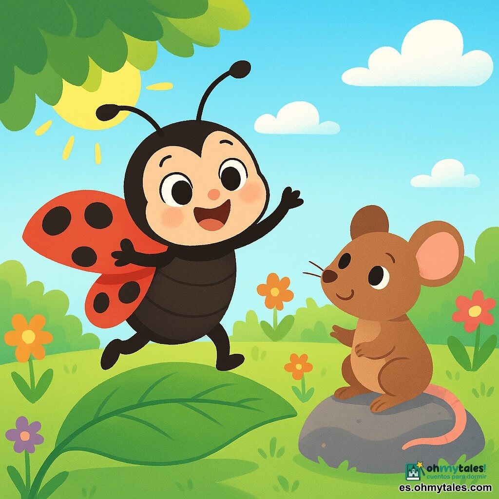 Una mariquita alegre, Lili, con alas rojas brillantes salpicadas de pequeños puntos negros, baila sobre una hoja verde brillante. Su rostro irradia felicidad, con grandes ojos brillantes. A su lado, Paco, un pequeño ratón de pelaje marrón y grandes ojos curiosos, la anima sonriendo, sentado sobre una piedra lisa. En el fondo, se extiende un campo de flores coloridas bajo un cielo azul claro, con nubes blancas esponjosas. La escena transcurre en un rincón soleado del bosque, donde los rayos del sol se filtran a través de las hojas, creando sombras danzantes. Lili y Paco se divierten juntos, intentando bailar y saltar, llenos de alegría y energía.