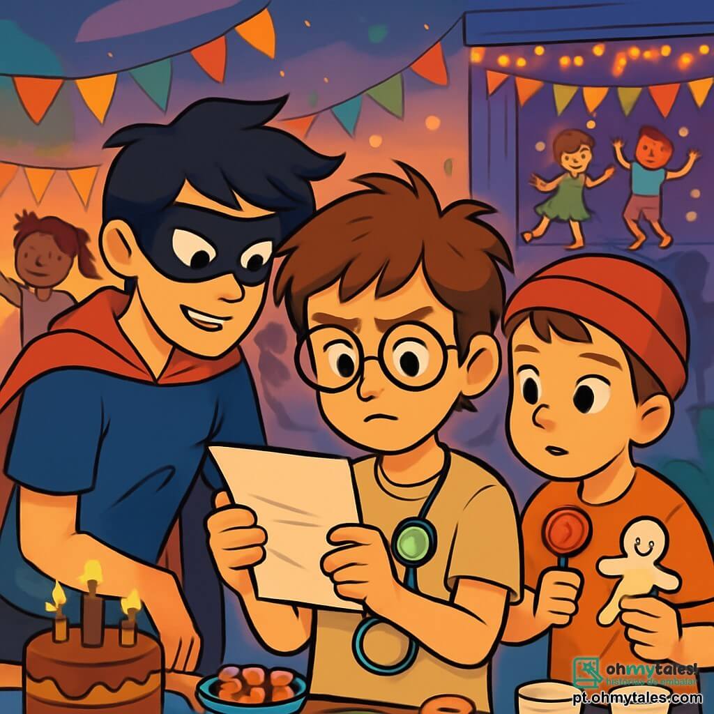 Há 3 personagens: - Miguel: um garoto de 11 anos, com cabelo castanho bagunçado e óculos redondos. Ele usa uma camiseta de detetive com uma lupa de plástico pendurada no pescoço. Ele está no centro, com um olhar determinado, lendo uma nota. - Davi: um garoto de 10 anos, com um doce vermelho na mão e um boneco de papel na outra. Ele tem cabelo curto e usa um boné vermelho. Ele está um pouco atrás, observando atentamente Miguel. - Felipe: um garoto de 12 anos, alto e atlético, com cabelo preto desgrenhado. Ele usa uma capa de super-herói e uma máscara de Zorro. Ele está à esquerda de Miguel, inclinado para frente, pronto para ajudar. O cenário é uma festa de carnaval no bairro, onde cores vibrantes iluminam o ambiente. Bandeirinhas coloridas flutuam ao vento, e crianças fantasiadas dançam ao redor de uma grande mesa cheia de guloseimas, como bolos, doces e copos de suco. Ao fundo, um grande palco decorado com luzes brilhantes, onde crianças se divertem cantando e dançando. A situação principal mostra os três amigos em plena investigação, buscando pistas para resolver o mistério do troféu desaparecido. Miguel segura uma nota misteriosa, enquanto Davi e Felipe estão atentos, prontos para decifrar a mensagem. A excitação e a aventura estão visíveis em seus rostos, enquanto a atmosfera festiva da festa os envolve.