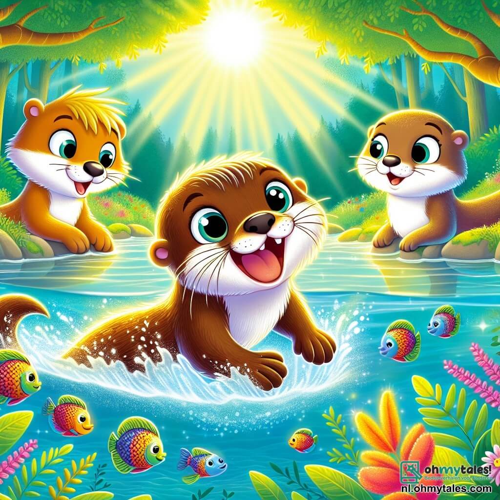 Otto, een jonge otter met een glanzende bruine vacht en nieuwsgierige sprankelende ogen, zwemt enthousiast in een zonnige rivier, zijn gezicht straalt van vreugde en vastberadenheid. Dichtbij observeert Felix, een kleurrijke vis met glinsterende schubben en een aanmoedigende glimlach, Otto met bewondering, drijvend dicht bij het wateroppervlak. Luna, een vriendelijke otter met een zachte vacht en witte vlekken op haar buik, applaudisseert op de oever, haar ogen stralen van opwinding en trots voor haar vriend. De scène speelt zich af in een mooie rivier omringd door weelderig groen, waar de zonnestralen op het heldere water dansen en gouden reflecties creëren. Wilde kleurrijke bloemen omringen de oevers, wat een vleugje magie aan de omgeving toevoegt. De hoofdactie toont Otto, vol vertrouwen, die een spectaculaire sprong uit het water maakt, zijn overwinning op zijn angsten en zelfontdekking vierend.