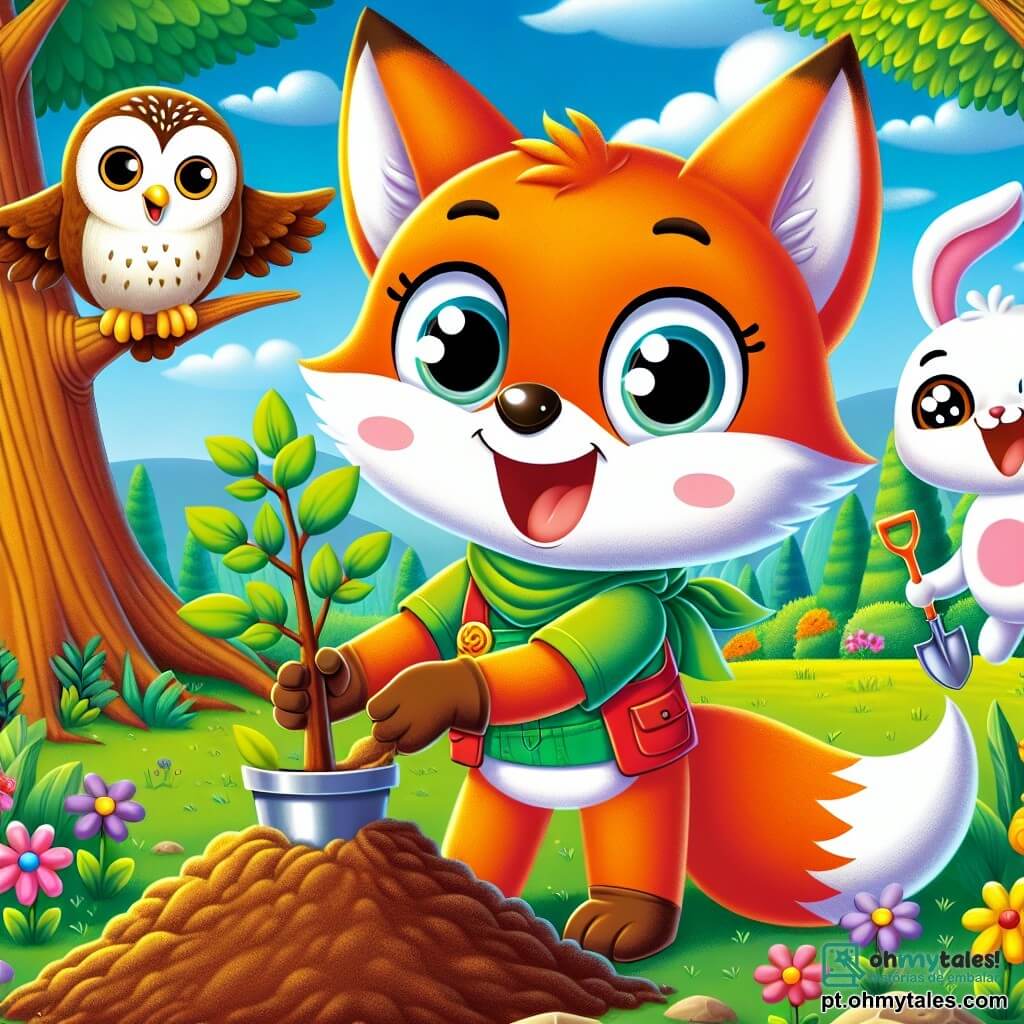 Um pequeno raposo laranja brilhante, chamado Rufi, com grandes olhos brilhantes e uma cauda espessa, sorri alegremente enquanto planta uma jovem árvore na terra fértil. Ao lado dele, uma sábia coruja de penas marrons e brancas, chamada Olívia, observa com um ar encorajador, seus olhos redondos brilhando de sabedoria. Um coelho branco travesso, Pipo, com grandes orelhas em pé, salta ao redor deles, rindo e segurando uma pequena pá com suas patas dianteiras. Ao fundo, uma bela floresta verde se estende, com árvores majestosas, flores coloridas e um céu azul radiante. A cena mostra Rufi e seus amigos unidos em uma alegre atividade de plantio, cheios de entusiasmo e determinação para proteger seu ambiente.