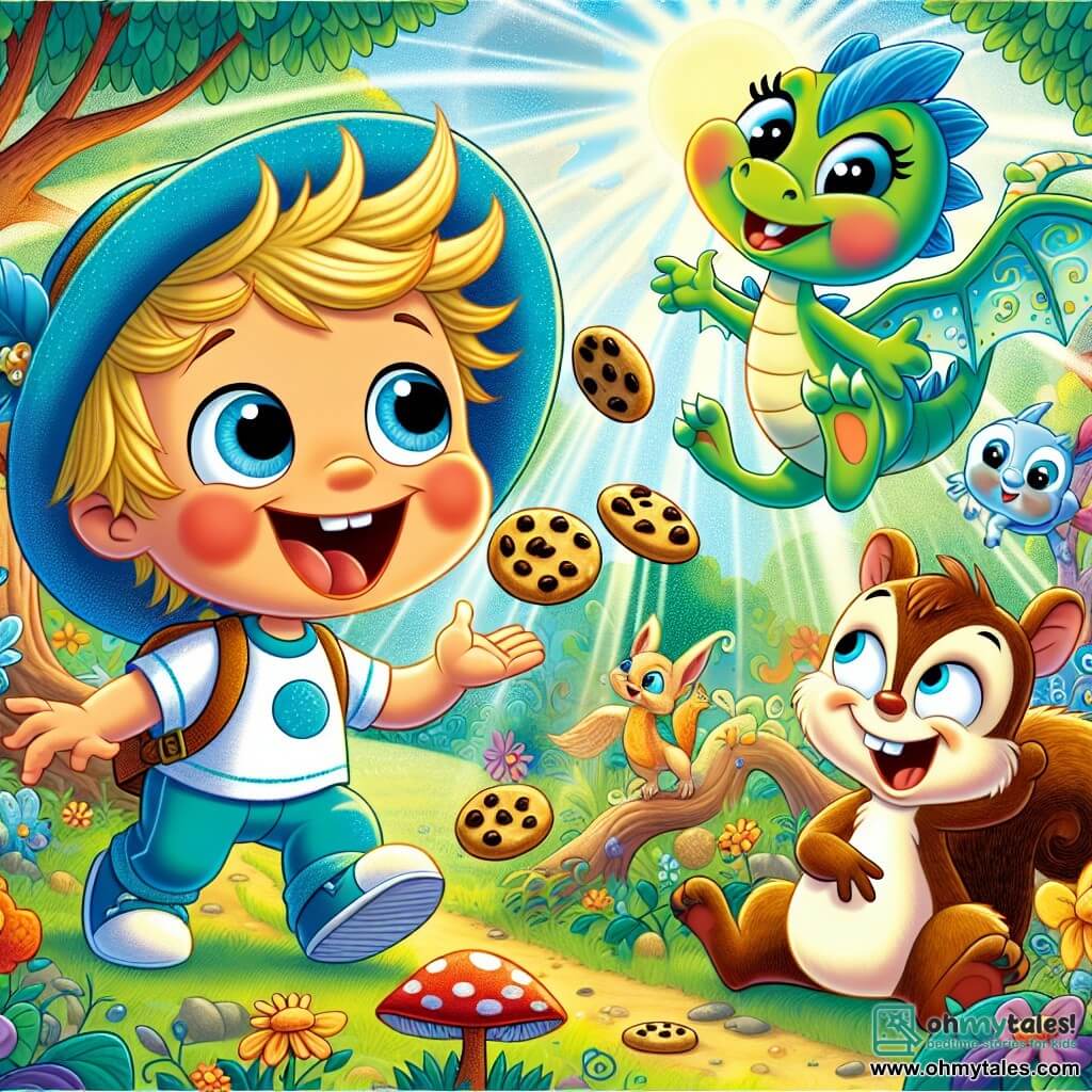 A one-year-old boy with messy blonde hair and rosy cheeks wears a funny blue hat with a dancing feather. He has a big smile on his face, his eyes sparkling with excitement as he looks for cookies in the enchanted forest. Next to him is a wiggly three-year-old dragon named Dotty, with shimmering green scales and round, mischievous eyes. She joyfully flies above Timmy, her translucent wings shining in the sun. A two-year-old squirrel named Ziggy perches on a tree branch, with brown fur and a bushy tail. He laughs while pointing at a fluffy cloud above them. The scene takes place in a colorful forest, with spiraled tree trunks, vibrant flowers, and sunlight filtering through the leaves. Timmy and Dotty are searching for missing cookies, laughing and having fun together, while Ziggy helps by showing them where the cookies might be hidden.