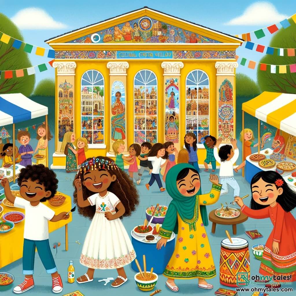 In one corner of the image, Mia, a 12-year-old girl with curly brown hair, is painting a large colorful panel featuring cultural symbols. Next to her, Aisha, a 12-year-old girl of Pakistani descent with olive skin and a bright smile, is hanging traditional brightly colored clothing. Lila, a 12-year-old girl of Brazilian descent with long black hair, is joyfully dancing in a colorful dress, her feet hitting the ground to the rhythm of samba. Finally, Zoe, a 12-year-old girl with fair skin and short hair, is using sign language to communicate with the children around her, her face beaming with joy. 

The setting is the Willow Cultural Center, a building with bright yellow walls, decorated with beautiful murals depicting scenes from various cultures. Colorful stalls are arranged all around, filled with delicious dishes and traditional decorations, while children laugh and dance in a festive atmosphere. 

The main scene shows the four friends preparing for a diversity festival, enthusiastically sharing their cultures and celebrating their differences. Children gather around them, captivated by the beauty of art and dance, creating an atmosphere of joy and inclusion.