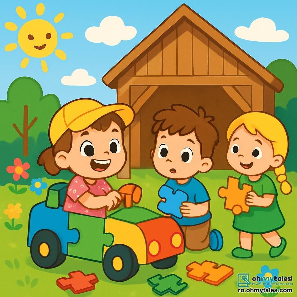 O fetiță de 2 ani, Ana, cu ochi mari și curioși și un zâmbet strălucitor, stă într-o mașină de jucărie colorată, înconjurată de piese de puzzle multicolore. Este îmbrăcată într-o rochie roz cu buline și poartă o căciulă galbenă, arătând o expresie de bucurie și entuziasm. Lângă ea, prietenul ei Matei, un băiat de 3 ani cu părul castaniu și un tricou albastru, privește cu uimire piesele de puzzle, pregătit să le asambleze. Puțin mai departe, Maria, o fetiță de 3 ani cu părul blond împletit și o rochie verde, se apropie ținând o piesă de puzzle în mâini, nerăbdătoare să participe la construcție. Scena are loc într-o frumoasă grajd din lemn, înconjurat de flori colorate și copaci verzi, cu un cer albastru strălucitor și câțiva nori albi pufoși. Razele soarelui iluminează scena, creând o atmosferă veselă și primitoare. Ana, Matei și Maria construiesc împreună o mașină de explorare, adunând cu entuziasm piese colorate, pregătiți să pornească în aventură în imaginația lor.