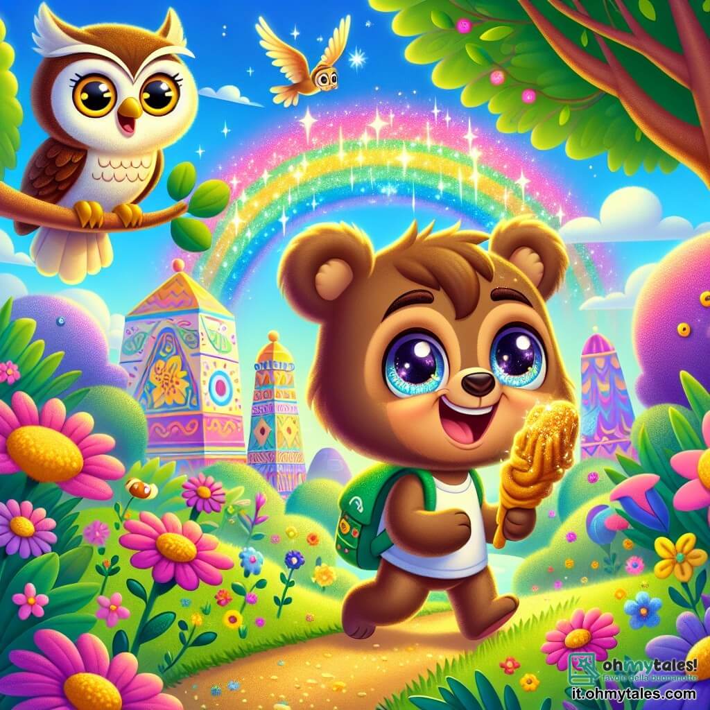 Un piccolo orso bruno di nome Bruno, con grandi occhi scintillanti di curiosità e un sorriso gioioso, esplora un colorato parco di Città del Messico, circondato da fiori vivaci e grandi alberi verdi. Tiene un churro dorato tra le zampe, guardando con meraviglia un arcobaleno brillante che si estende nel cielo blu. Accanto a lui, un saggio gufo di nome Paco, con piume morbide e occhi gialli brillanti, si appollaia su un ramo, sorridendo benevolmente e raccontando storie affascinanti. Poco più in là, una tartaruga di nome Tula, con un guscio verde decorato da motivi colorati, li osserva con un'espressione amichevole, pronta a guidarli verso una grotta segreta. Il parco è pieno di colori vivaci, con fiori rosa, gialli e viola, e uccelli dai piumaggi brillanti che volano intorno. La luce del sole filtra tra le foglie, creando ombre danzanti sul terreno. Bruno, Paco e Tula sono insieme, pronti a scoprire le meraviglie nascoste del parco, con espressioni di eccitazione e meraviglia sui loro volti.