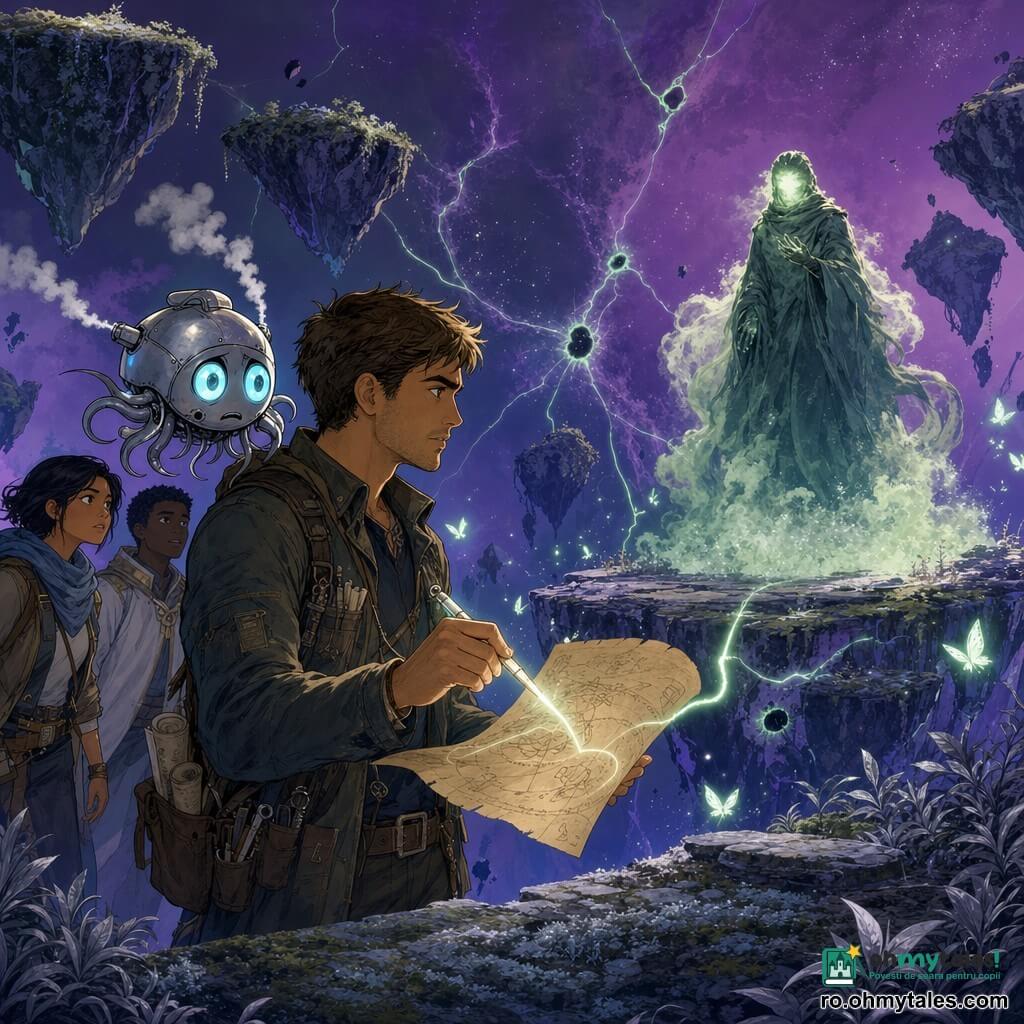Dorin, bărbat cu față serioasă și blândă, păr scurt șaten și jachetă uzată de cartograf, ține un stylus luminos și trasează o linie pe un pergament plutitor; lângă el plutește Plici, o microdronă metalică cu ochi albastru-pal, îngrijorată dar loială. La distanță, Păstrătorul, o siluetă înaltă și vaporosă cu mantie de ceață verde, supraveghează de pe o platformă de piatră; în jur se deschide o fisură spațială în Nebuloasa Liliac, cer violet cu filete verzi de lumină, insule plutitoare și scântei ca fluturi, iar Dorin cartografiază în timp real fisura care pare să respire, cu fire de lumină între stylus și nodurile de umbră, într-o atmosferă tensionată dar magică.