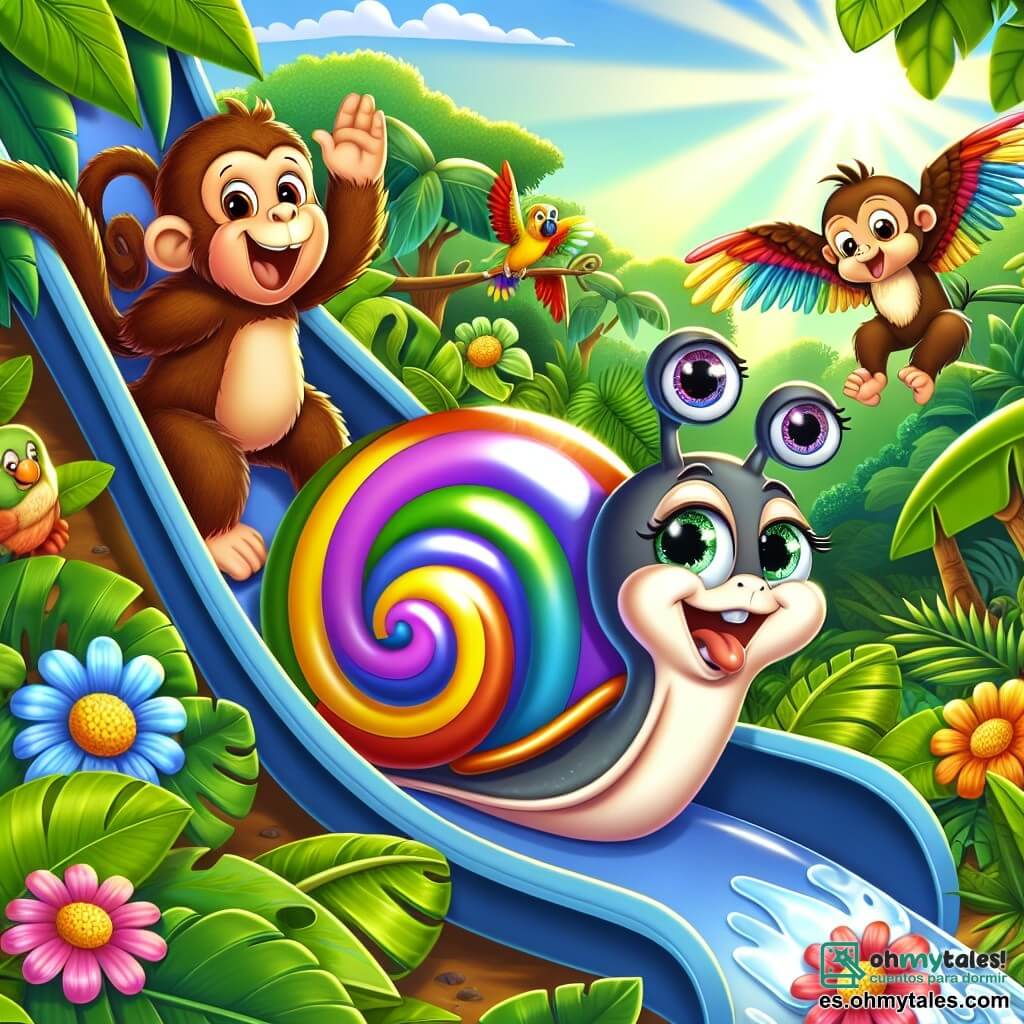 Un caracol llamado Caracolito, con un caparazón colorido en espiral y ojos brillantes de alegría, se desliza con entusiasmo por un tobogán hecho de hojas brillantes y ramas, riendo a carcajadas. A su lado, una mona traviesa, de pelaje marrón y ojos pícaros, se balancea en una rama, lista para lanzarse por el tobogán, mientras que un loro de plumas brillantes, posado en otra rama, aplaude con emoción. La escena se desarrolla en una jungla exuberante, llena de grandes hojas verdes, flores coloridas y un cielo azul radiante, donde los rayos del sol se filtran a través de los árboles. Caracolito se prepara para deslizarse por el tobogán, rodeado de sus amigos, todos ansiosos por compartir un momento de alegría y risas en su aventura.