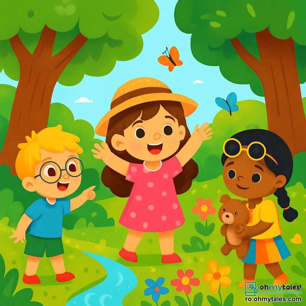 Există 3 personaje: - Ana: o fetiță de 6 ani, cu păr lung castaniu și ochi strălucitori. Poartă o rochie roz cu buline și o pălărie mică din paie. Se află în centru, zâmbind, cu brațele ridicate ca o exploratoare. - Luca: un băiețel de 5 ani, cu păr blond zbârlit și ochelari rotunzi. Poartă un tricou albastru și o pereche de pantaloni scurți verzi. Este la stânga Anei, arătând spre un copac mare. - Mara: o fetiță de 6 ani, cu păr negru împletit și ochelari de soare. Poartă o fustă colorată și un tricou galben. Este la dreapta Anei, ținând o jucărie de pluș și admirând florile. Locul este o pădure magică, cu copaci uriași și frunze verzi strălucitoare. Flori multicolore cresc peste tot, iar un pârâu mic strălucește sub soare. Fluturi zboară în jur, adăugând o notă de magie mediului. Situația principală îi arată pe cei trei prieteni în plină aventură, explorând pădurea. Ana, cu un zâmbet larg, pare să își încurajeze prietenii să descopere minunile naturii, în timp ce Luca observă un copac impunător, iar Mara admiră florile strălucitoare.