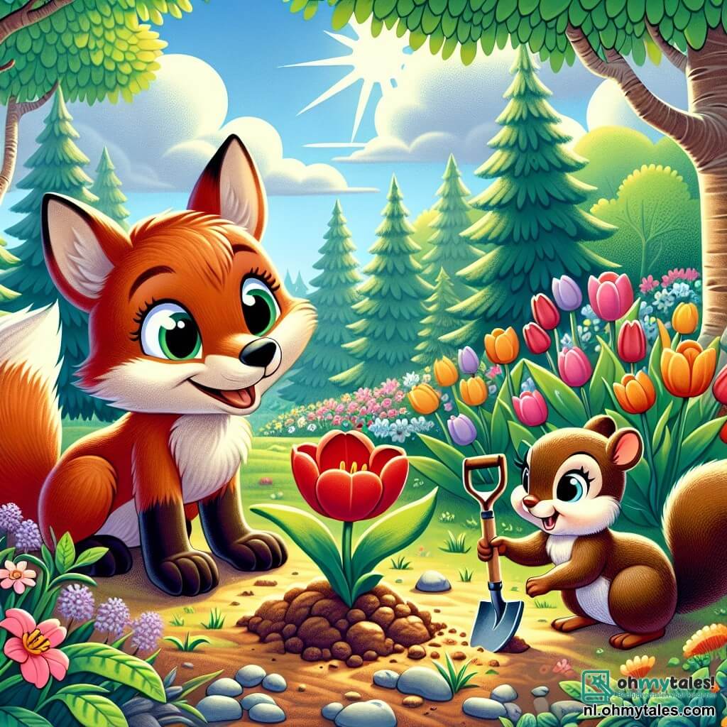 In een mooie, zonnige open plek is Felix, een kleine vos met glanzende oranje vacht en nieuwsgierige ogen, gehurkt en vol verwondering bezig met het planten van tulpenbollen in de vruchtbare aarde. Naast hem staat Lila, een klein eekhoorntje met een bruine vacht en grote oren, vrolijk te glimlachen terwijl ze een kleine schep vasthoudt, klaar om hem te helpen de tuin voor te bereiden. De omgeving is gevuld met kleurrijke bloemen, grote bomen met heldergroene bladeren en een heldere blauwe lucht bezaaid met donzige witte wolken, wat een vrolijke lentelucht creëert. Felix en Lila zijn samen druk in de weer, enthousiast om de tulpen te zien bloeien, wat de vernieuwing en de magie van de lente symboliseert.
