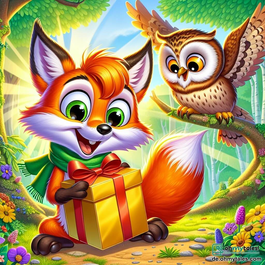 Ein kleiner, schlauer Fuchs namens Felix mit leuchtend orangefarbenem Fell und einem buschigen Schwanz lächelt fröhlich, während er ein goldenes Geschenkpaket in seinen Pfoten hält. Seine Augen funkeln vor Aufregung und Neugier. Neben ihm sitzt eine große Eule namens Ella mit braun-weißen Federn, die mit einem staunenden Blick und glänzenden, großen Augen beobachtet. Sie sitzt auf einem Ast, der leicht zu Felix geneigt ist. Die Szene spielt in einer wunderschönen Lichtung im Wald, umgeben von majestätischen Bäumen mit strahlend grünen Blättern, durch die Sonnenstrahlen brechen und ein Spiel von Schatten und Licht erzeugen. Bunte Blumen bedecken den Boden und fügen lila, gelbe und rote Akzente hinzu. Felix und Ella bereiten sich darauf vor, das geheimnisvolle Paket zu öffnen, umgeben von ihren tierischen Freunden, die alle gespannt auf die Überraschung warten.