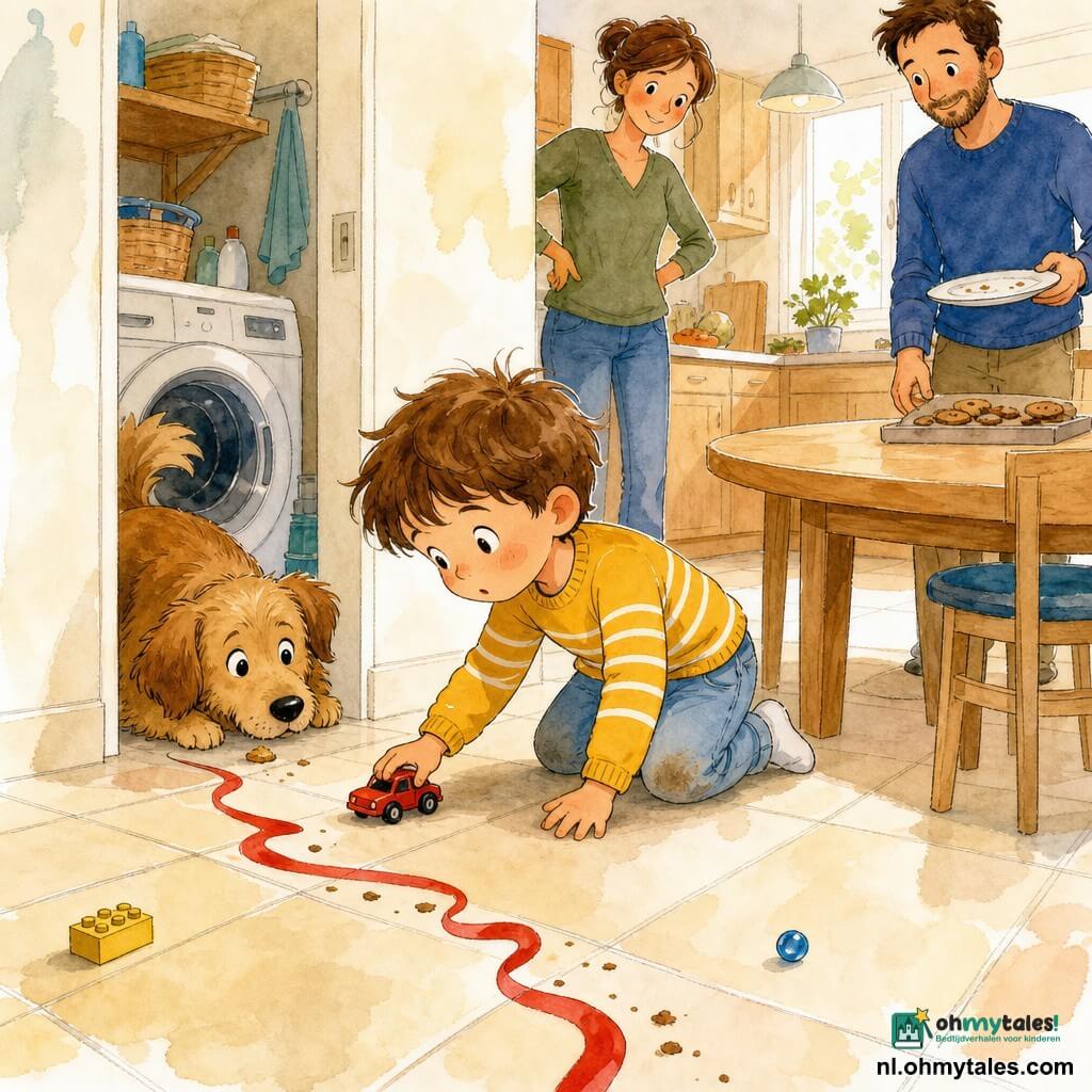 Een nieuwsgierige 4-jarige jongen met warrig bruin haar knielt en houdt een klein rood autootje terwijl hij een rood lint op de grond volgt; hij draagt een mosterdgele trui met witte strepen en een lichtgewaasd jeans met een stoffige knie. Een liefdevolle hond, Puk, lichtbruin met zachte ogen, zit in de deuropening van de bijkeuken, kwispelend, met een kruimel bij de neus. Een dertiger vrouw (moeder) met vastgebonden kastanjebruin haar staat in de keukenopening, handen in de zij en trots glimlachend; een dertiger man (vader) met korte baard staat bij de tafel met een bijna leeg bord en zichtbare kruimels. De warme, lichte keuken en gang hebben crèmekleurige tegels, meubelen in licht hout en een ronde tafel met een schaaltje koekjes; verspreide spelletjes (gele blok, blauwe knikker) en een spoor van kleine bruine kruimels leiden van de tafel naar de bijkeuken. Hoofdzakelijke scène: de jongen ontdekt de hond en het lint, zachte sfeer, levendige kleuren, zichtbare inktlijnen en lichte aquarelwas, kinderlijke stijl met duidelijke contouren en leesbare uitdrukkingen, compositie gericht op ontdekking en goedheid.