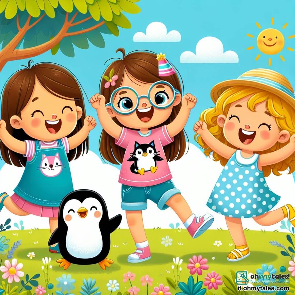 Ci sono tre personaggi: 1. **Sara**: una ragazza di 8 anni con lunghi capelli castani e occhiali rotondi. Indossa una maglietta rosa con un gatto disegnato sopra e un pantaloncino di jeans. È al centro dell'immagine, mentre ride con le braccia alzate. 2. **Luna**: una ragazza di 8 anni con capelli biondi ricci e una piccola treccia. Indossa un vestito blu a pois bianchi e sandali gialli. È a sinistra di Sara, mentre salta gioiosamente. 3. **Il pinguino**: un pinguino divertente e sorridente, con un piccolo cappello da festa in testa. È a destra di Sara, mentre fa un passo di danza con una zampa sollevata. La scena si svolge in un bel giardino soleggiato, pieno di fiori colorati e erba verde. Sullo sfondo si vede un grande albero con rami che danzano dolcemente nel vento. Il cielo è blu con alcune nuvole bianche e soffici. I tre amici stanno ballando insieme, ridendo e divertendosi. Il pinguino scivola leggermente sull'erba, facendo ridere ancora di più le due ragazze. L'atmosfera è gioiosa e piena di colori vivaci, catturando lo spirito di una bella giornata estiva.
