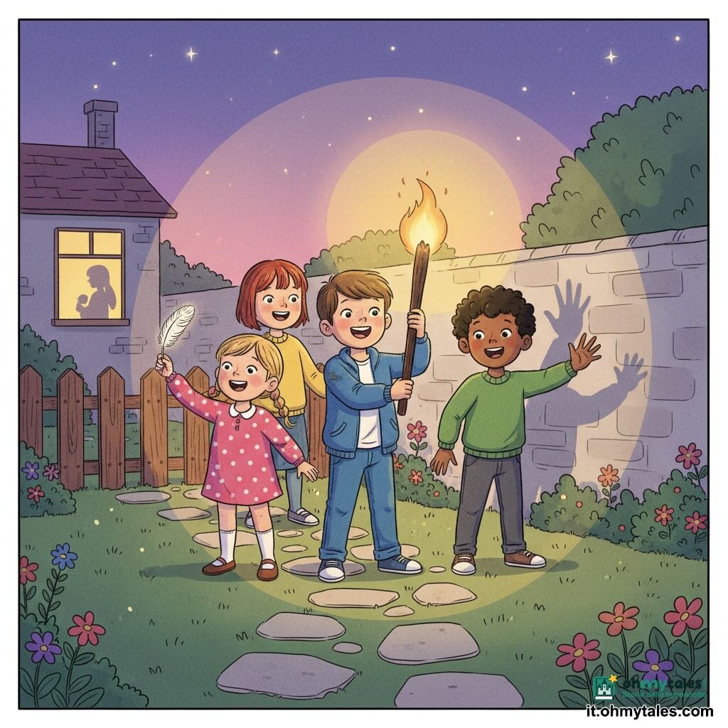 Quattro bambini: Luca, ragazzo di ~7 anni, capelli castani corti, giacca blu e jeans, tiene una grande torcia accesa al centro che illumina il giardino; Giulia, bambina di ~6 anni, capelli biondi a trecce, vestito rosa a pois, a sinistra di Luca mostra una piuma illuminata; Marco, ragazzo di ~7 anni, capelli neri ricci, maglione verde, a destra di Luca fa ombre con le mani sul muro; Anna, bambina di ~6 anni, capelli castano chiaro corti, maglione giallo, sorride e tiene la mano di Luca dietro di lui. Luogo: piccolo giardino al crepuscolo con prato verde, sentiero in lastre chiare, recinzione di legno, aiuole fiorite e un muro chiaro dove danzano le ombre; cielo viola stellato e la finestra di una casa con una silhouette materna e una lampada calda. Situazione: i quattro esplorano la notte che scende, la torcia proietta un fascio rotondo e ombre giocose, volti ridanciani, luce calda in contrasto col cielo viola, atmosfera sicura e curiosa.