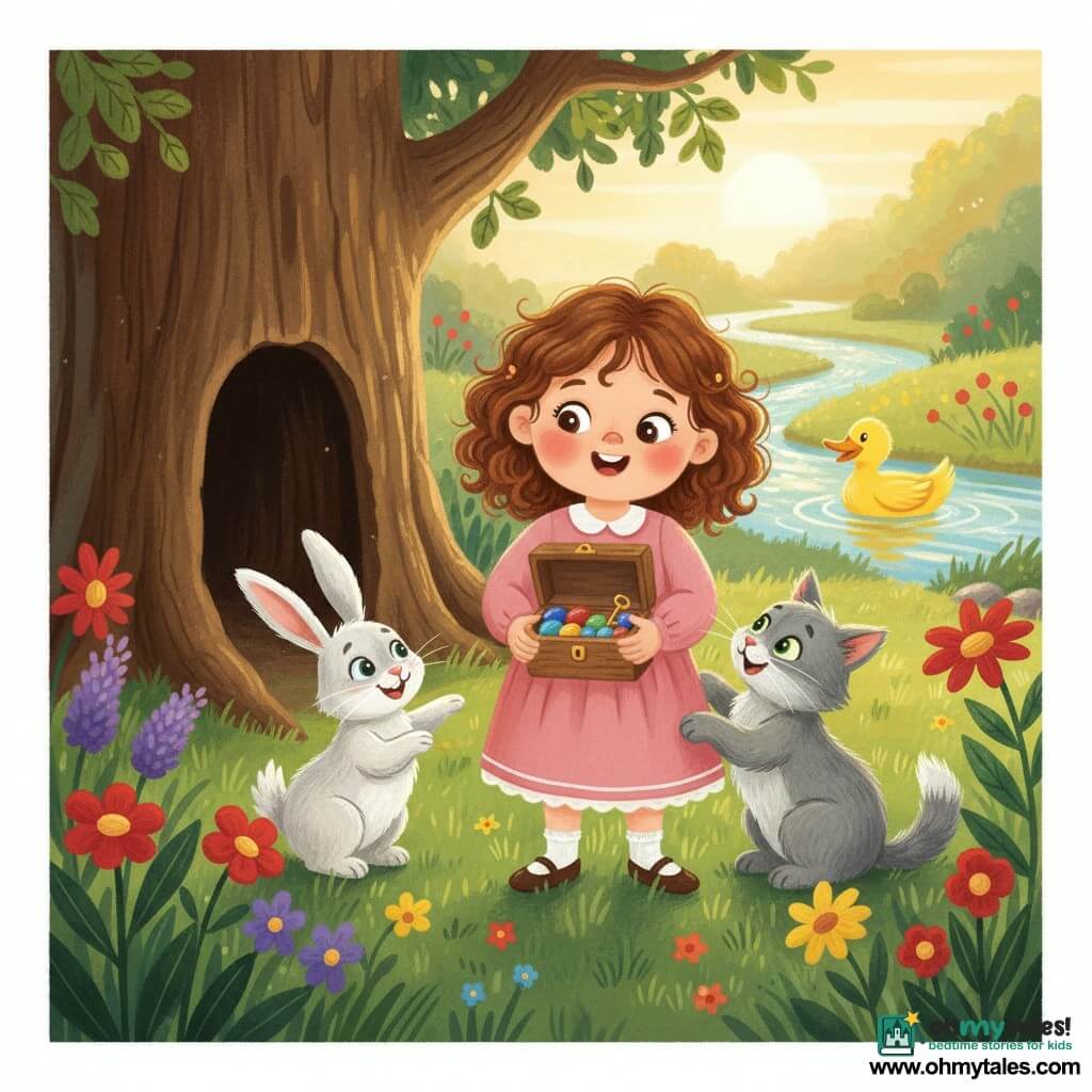 A 4-year-old girl with a round face, chestnut curly hair, rosy cheeks and bright eyes, smiling in wonder, delicately holds an open small wooden box of colorful stones and a tiny golden key; a fluffy gray cat named Whiskers sits to her right rubbing its paw against her leg, and a white rabbit named Benny with long gray-speckled ears points at the box while sitting by the hollow tree trunk; a yellow duck swims in a sparkling stream behind them; the secret garden has emerald grass, large colorful flowers, a shimmering stream and a large old oak with a dark hole at its base; the scene shows the treasure discovery at the tree’s foot with soft sunset light filtering through the leaves, a joyful magical atmosphere, vivid colors and visible gouache textures and brushstrokes.
