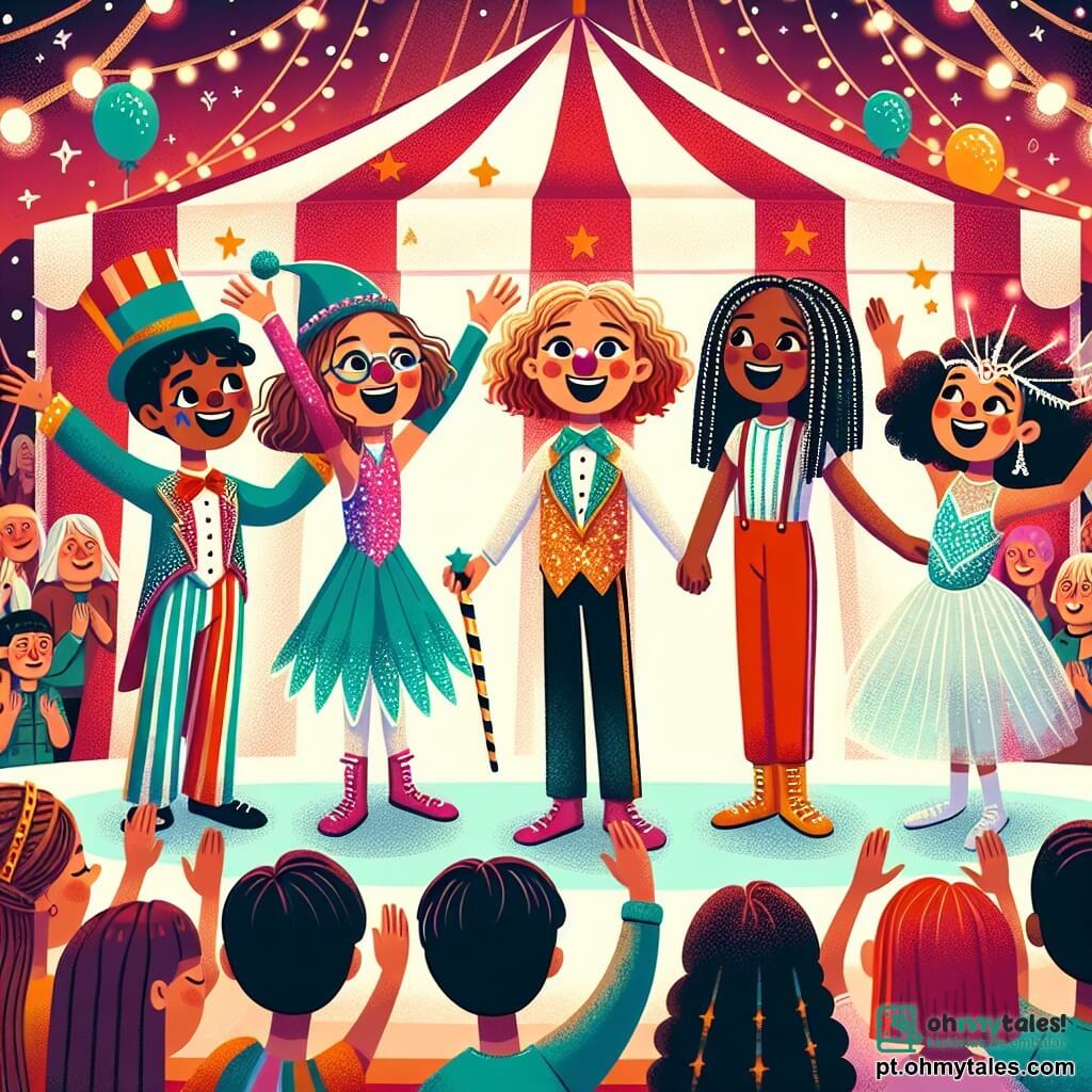No centro da imagem, quatro meninas de 11 anos estão juntas, radiantes de alegria. Ana, com cabelos castanhos e óculos redondos, usa uma fantasia de palhaço colorida e sorri amplamente. À sua direita, Beatriz, com cabelos loiros e cacheados, está vestida de acrobata com um collant brilhante, levantando os braços. À esquerda, Carla, com cabelos negros trançados, usa um chapéu de mágica e segura uma varinha, olhando com admiração. Por fim, Daniela, com cabelos ruivos, está vestida com um vestido de bailarina e faz uma pirueta, com os braços no ar. Ao fundo, o circo é decorado com grandes tendas listradas vermelhas e brancas, com luzes brilhantes e balões coloridos flutuando no ar. O ambiente está cheio de magia e excitação, capturando o espírito alegre e dinâmico de um espetáculo de circo.