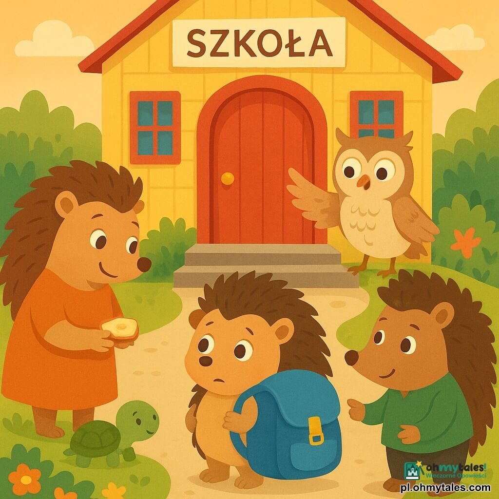 Igorek, mały, puchaty jeżyk o lekko zaniepokojonym, ale ciekawym wyrazie, trzyma duży niebieski plecak prawie tak duży jak on i patrzy na drzwi szkoły; mama jeżowa, łagodna i uśmiechnięta, podaje mu małą kanapkę stojąc lekko z tyłu po lewej; tata jeż, wysoki i uspokajający, pokazuje plecak z łagodnym uśmiechem po prawej; pani nauczycielka — mądra sowa o beżowych piórach i przyjaznych oczach — macha skrzydłem z ganku; wokół kilka kolegów zwierzątek (psotny lisek, nieśmiała żółwica) bawią się i szepczą przy wejściu; szkoła to drewniany dom pomalowany na jasny żółty z dużymi czerwonymi drzwiami, kamiennymi schodami i kolorowymi kwiatami przy ścieżce; scena porannego przybycia do szkoły: miękkie światło słoneczne, długie cienie, ciepła, uspokajająca atmosfera, żywe kolory, proste kształty i wyraźne kontury w dziecięcym stylu.