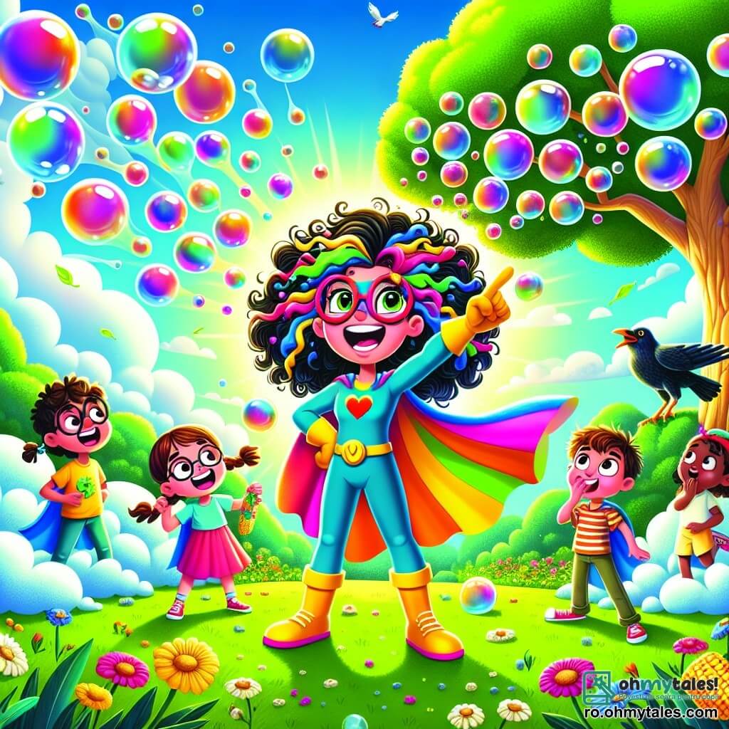 O supereroină, Mătușa Bubu, este o femeie veselă cu părul creț și o capă multicoloră care flutură. Are un zâmbet ștrengar și ochi strălucitori. Se află în centrul imaginii, înconjurată de bule de săpun uriașe care dansează în jurul ei. La dreapta ei, Adina, o fetiță de 10 ani cu ochelari rotunzi și împletituri, privește cu uimire scena, ținând un știulete de porumb în mână. La stânga, Cosmin, un băiat de 9 ani cu părul zbârlit și un tricou cu dungi, râde arătând cu degetul spre o bulă de săpun care s-a transformat într-un știulete de porumb. Locația este un parc verde, cu copaci măreți, flori colorate și un cer albastru strălucitor. Ciorile curioase zboară deasupra, observând scena. Mătușa Bubu strănută, provocând o explozie de bule de săpun care se transformă în obiecte amuzante, în timp ce prietenii ei râd și se distrează în jurul ei.