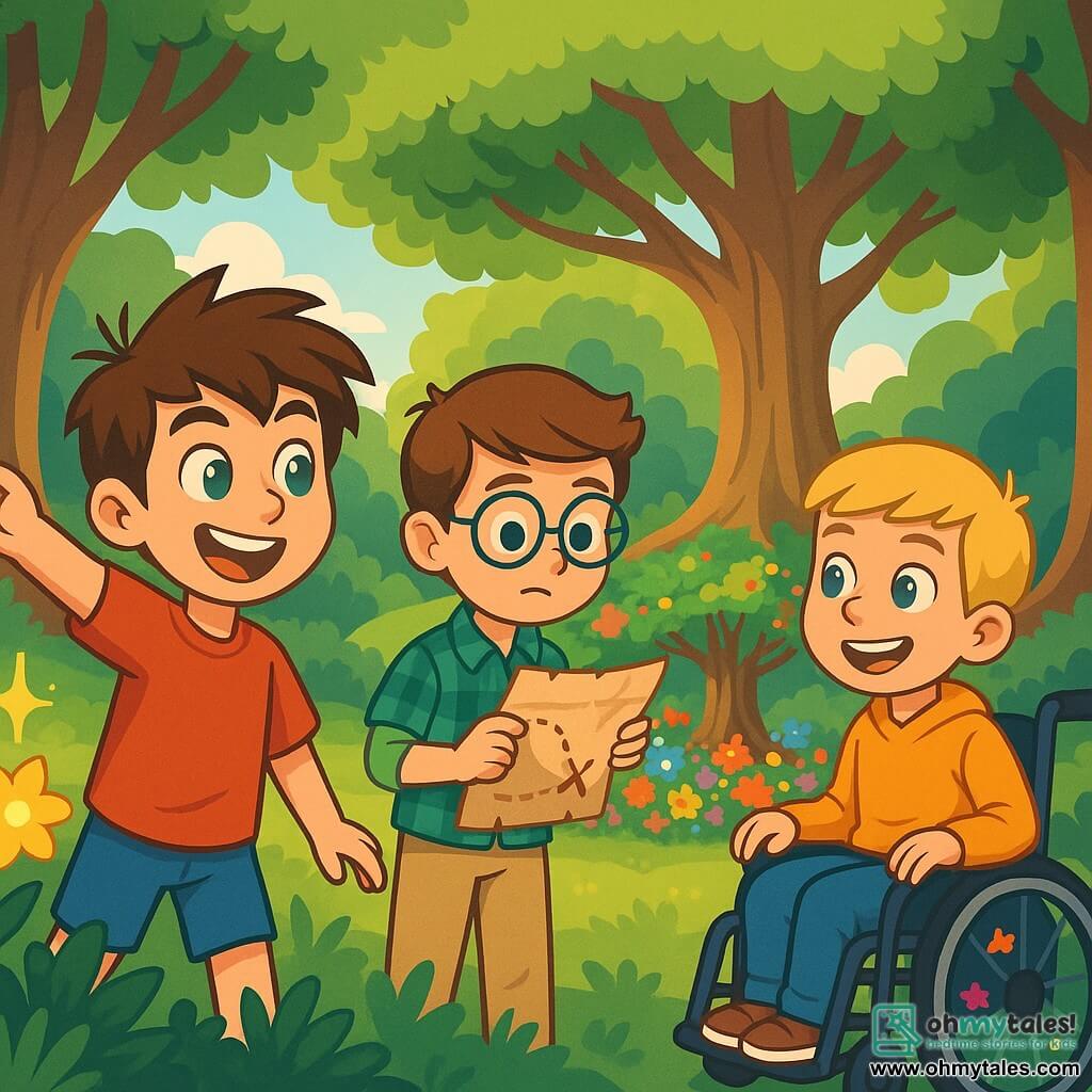 There are 3 characters: - **Max**: a 10-year-old boy with messy brown hair and sparkling green eyes. He wears a red t-shirt and blue shorts, standing in front with his arms raised and a bold smile, ready for adventure. - **Leo**: a 10-year-old boy with round glasses that magnify his blue eyes. He has neatly styled brown hair and wears a green checkered shirt and beige pants. He stands slightly back, holding a treasure map with a focused expression. - **Sam**: a 10-year-old boy with blonde hair and a warm smile. He uses a wheelchair decorated with colorful stickers and wears a yellow sweatshirt. He is next to Max, his eyes shining with excitement as he looks toward the magical garden. The main setting of this story is a beautiful sunlit clearing surrounded by majestic trees with thick trunks and lush green leaves. In the center of the clearing is an enchanting garden filled with vibrant flowers of all colors, featuring a large ancient tree with branches extending like welcoming arms. A sweet floral scent fills the air, and a gentle melody seems to emanate from the dancing petals. The main situation shows the three friends discovering the hidden garden, awestruck by its beauty. Max enthusiastically points to a sparkling flower, while Leo carefully examines the treasure map, and Sam, with a radiant smile, admires the vivid colors surrounding them, all united in their quest for adventure.