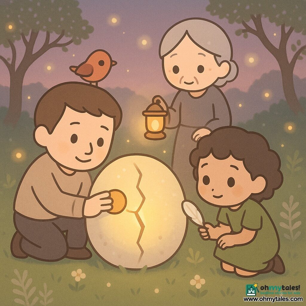 The main character is a man named Elias with a soft round face, short brown hair and a calm focused look; he smiles slightly as he places a small hot stone into the crack of a large glowing round stone. A secondary character is a girl named Liri (about 8), short curly hair, moss-green dress, who shyly offers a white feather to Elias from a crouch beside the stone. Another secondary is an old woman (about 70) with silver hair like moon-thread in a simple dress, holding a small golden lamp toward the crack and standing behind Elias. A small russet bird perches on the stone's edge, bright-eyed, observing. Pale yellow translucent wisps float and dance above the stone. The setting is a misty valley at dusk with mossy green grass, silver ferns, twisted-trunk oaks with glittering leaves, a ground strewn with tiny phosphorescent flowers and a soft pink-purple sky. The scene centers on Elias repairing the crack by placing the feather, lamp and hot stone; the mood is calm, warm and magical, with centered composition, pastel colors, soft contrasts and simple rounded features.