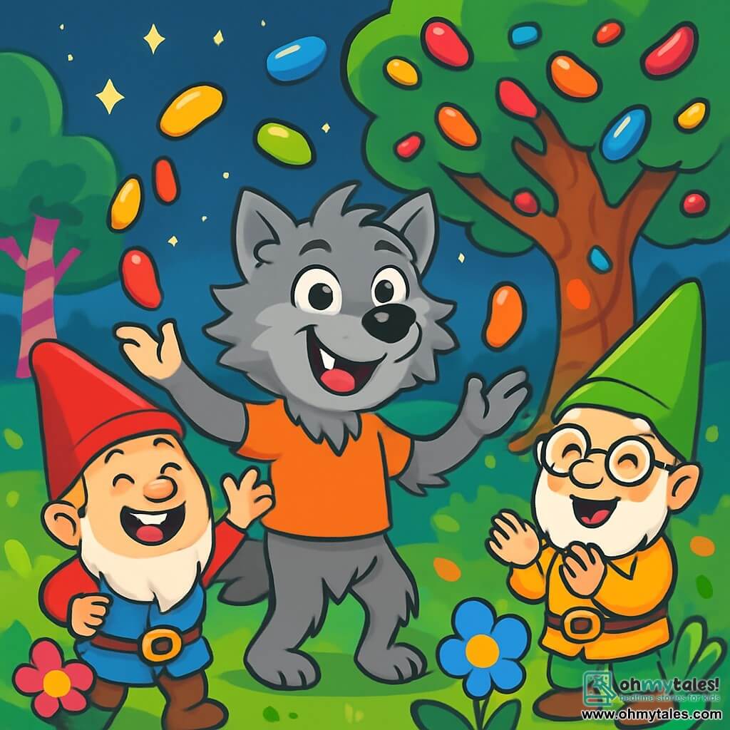 A friendly werewolf with soft gray fur and sparkling mischievous eyes stands at the center of the scene, enthusiastically smiling while trying to juggle colorful jellybeans. Next to him, a cheerful gnome, about 10 years old, with a red pointed hat and a cotton white beard, laughs as he tosses jellybeans in the air. Another slightly older gnome, wearing a green hat and round glasses, claps in delight. The scene takes place in an enchanted clearing surrounded by candy-trunked trees and singing flowers under a twinkling starry sky. In the background, a giant tree with branches laden with jellybeans of all colors creates a magical atmosphere. The main situation shows the werewolf and gnomes celebrating joyfully around the jellybean tree, filled with joy and friendship in a festive and colorful ambiance.