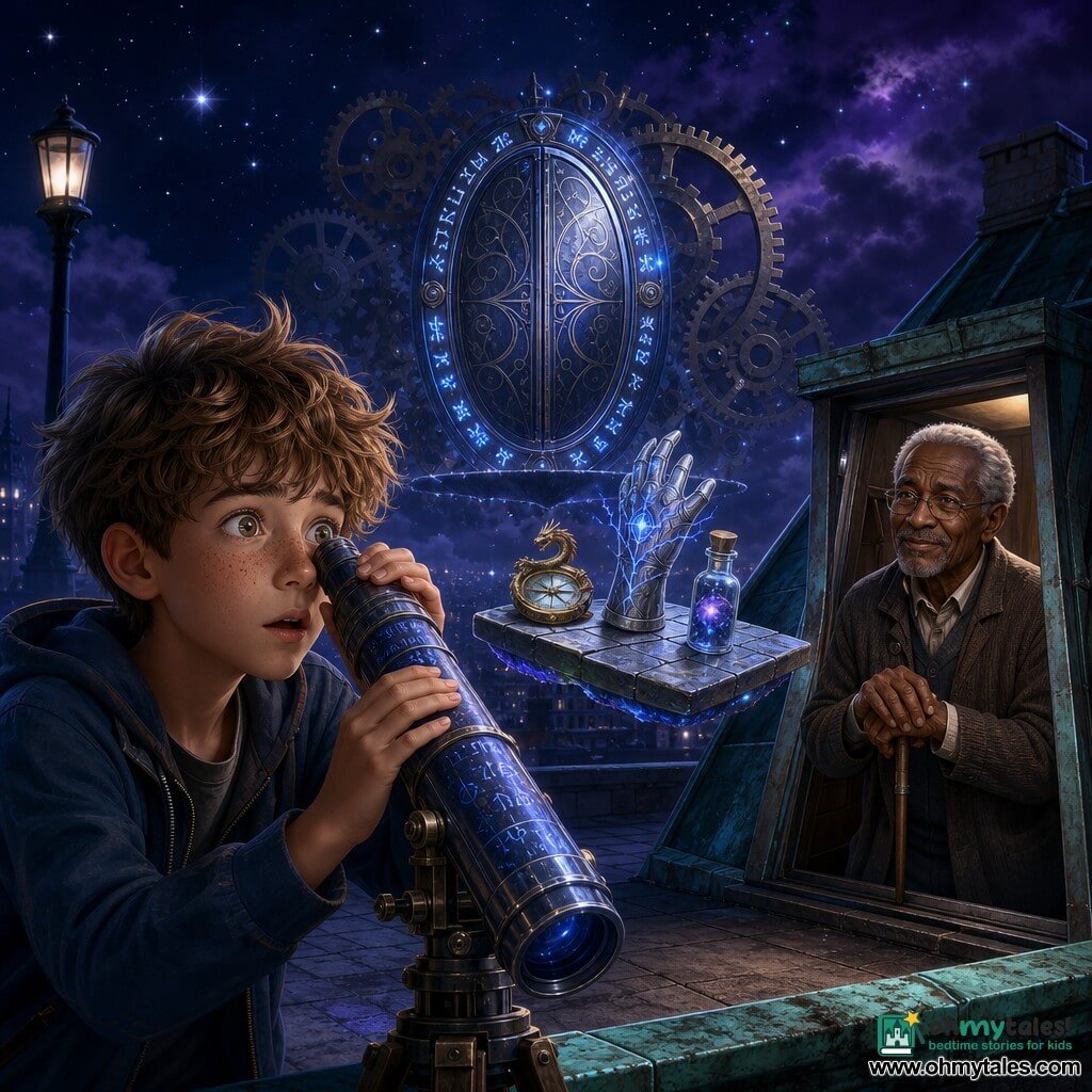A 12-year-old boy with a round freckled face and tousled chestnut hair, amazed and slightly trembling, holds a midnight-blue metal telescope engraved with glittering runes, looking through it on a rooftop; an about-seventy-year-old grandfather with a soft wrinkled silhouette and gray hair watches from a dormer with a proud, worried smile, hands crossed on his cane; the rooftop has worn concrete slabs, verdigris copper gutters and a distant lamppost under a deep night sky with purple clouds and silver stars; centered behind the boy floats an oval polished-metal door inscribed with glowing glyphs, surrounded by giant gears, and a floating slab platform bearing three objects—a brass compass adorned with a small dragon, a silver glove embroidered with blue lightning, and a vial of swirling stardust; mood: cool blue and violet light, metallic highlights, high contrast, mechanical wonder; composition: mid-shot, main character front-left, star door centered background, grandfather right set back, cinematic atmosphere, smooth textures and sharp gradients.
