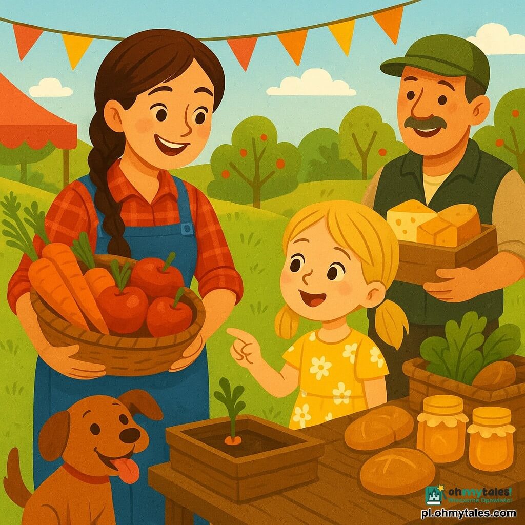 Kobieta-rolniczka ~25–30 lat, uśmiechnięta, zebrane brązowe włosy, w czerwonej kraciastej koszuli i dżinsach, trzyma kosz z jaskrawo pomarańczowymi marchewkami i czerwonymi jabłkami stojąc przy drewnianym straganie; dziewczynka Basia ~7 lat, zachwycona, blond kitki, w żółtej sukience w kwiaty, wskazuje mały pęd marchwi w skrzynce na straganie; mężczyzna Bartek ~40–50 lat, serdeczna twarz, czapka i oliwkowa kamizelka, lekko w tle z lewej, klaszcze i trzyma pudełko z serami; mały rudy pies Rex, radosny, siedzi przed straganem z wystawionym językiem; miejsce: słoneczna łąka jako targ wiejski z kolorowymi namiotami, girlandami, drewnianymi stołami z miodem, chlebem i koszami warzyw, drzewami owocowymi i łagodnymi wzgórzami; scena: przyjazny, jasny rynek rolny, ciepłe kolory, tekstura drewna i warzyw, klimat dziecięcy i gościnny.