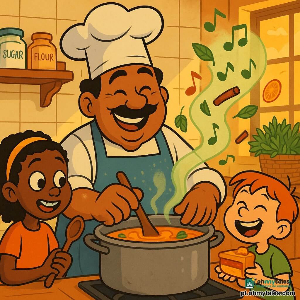 Um chef sorridente e benevolente veste um avental azul-pó e uma touca branca ligeiramente torta; com mãos largas manchadas de farinha, mistura gentilmente uma grande panela de sopa. À esquerda está Lúcia (~9 anos), tímida e maravilhada, com aparelho dentário brilhante e uma colher de madeira; à direita está Miguel (~7 anos), curioso e risonho, segurando uma pequena fatia de bolo laranja com compota, pronto para provar. A cozinha é acolhedora e colorida: azulejos creme, prateleiras de madeira com frascos, cestos de ervas no balcão e raios de luz dourada pela janela. Vapor aromático verde-pálido e laranja sobe em volutas, com folhas de manjericão, paus de canela e rodelas de tangerina flutuando como notas musicais. Atmosfera suave e convidativa, cores quentes saturadas, traços nítidos, contornos arredondados e expressões exageradas ao estilo desenho animado dos anos 90.