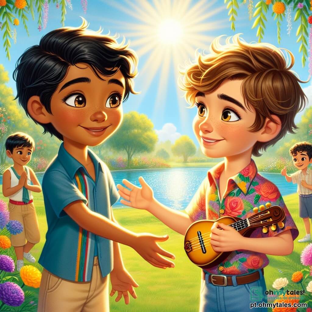 Um menino de 10 anos, Lucas, com cabelo castanho bagunçado e olhos brilhantes de curiosidade, está no centro da imagem. Ele sorri calorosamente, estendendo a mão para um novo amigo. À sua direita, Amir, um menino de 10 anos de origem asiática, com cabelo negro liso e uma expressão tímida, mas alegre, olha para Lucas com admiração. Amir usa uma camisa colorida e calças leves, segurando uma pequena pipa colorida nas mãos. O cenário é um parque ensolarado, cheio de flores vibrantes e árvores verdes. Ao longe, vê-se um lago cintilante sob o sol, onde outras crianças brincam. A cena transmite uma atmosfera alegre e acolhedora, simbolizando a amizade e a tolerância. Lucas e Amir estão brincando juntos, compartilhando um momento de cumplicidade, enquanto outras crianças os cercam, observando com interesse a nova amizade.