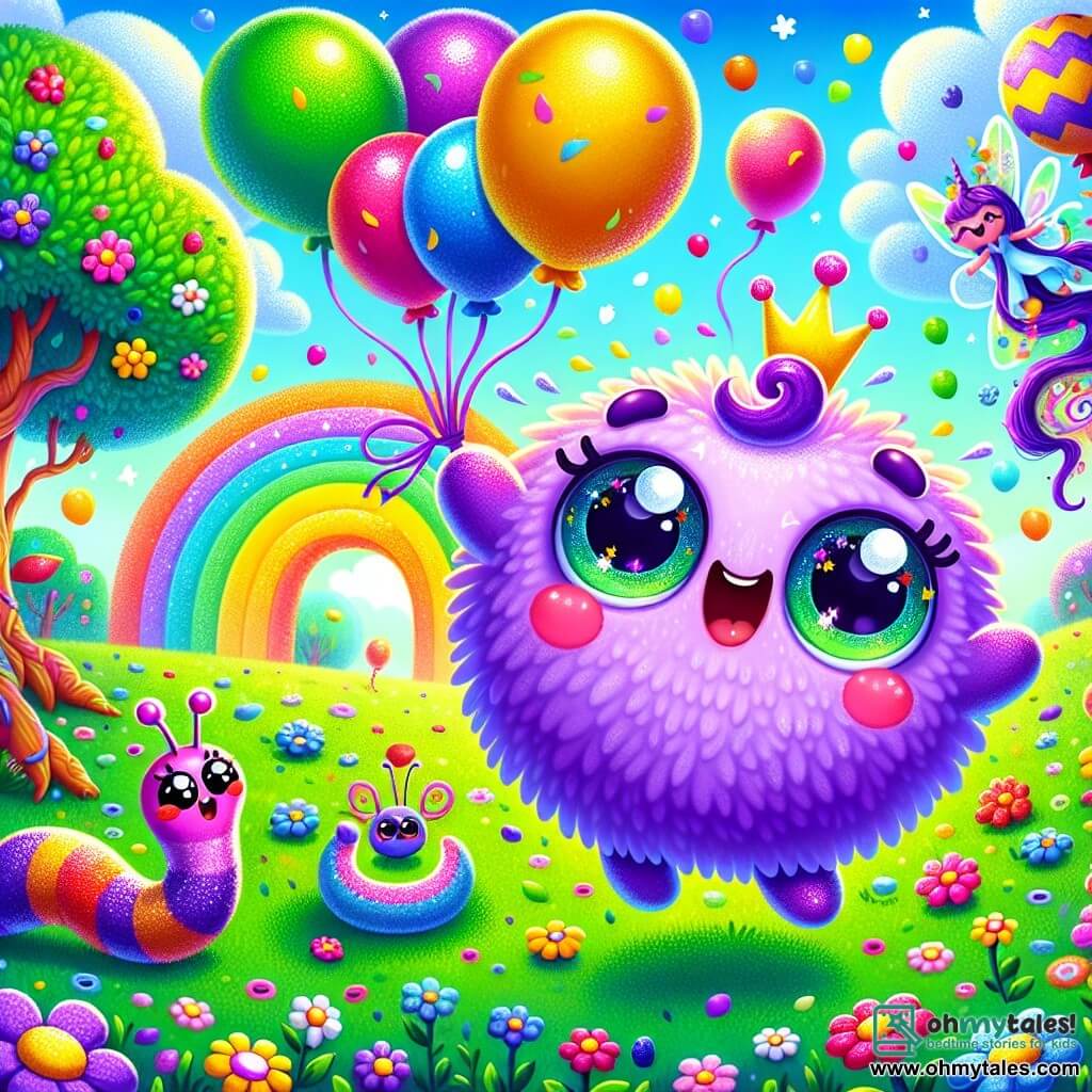 An illustration depicts a small, round, fluffy purple character with large sparkling eyes and a wide smile, joyfully jumping in a colorful field. Surrounded by bright balloons, it expresses excitement and happiness. Nearby, a long, smiling green worm wriggles enthusiastically, its eyes shining with joy, ready to join the birthday games. A fairy with sparkling wings, dressed in a flower petal gown, flits around them, her face beaming with happiness, adding a touch of magic to the scene. The main setting is a sunny field in Zigglyland, filled with dancing multicolored flowers, twisted trees, and shiny leaves, under a bright blue sky dotted with fluffy clouds and a unicorn-shaped cloud on the horizon. The main activity shows the purple character and friends playing balloon-popping games to celebrate its birthday, surrounded by laughter and joy, with colorful confetti falling from the sky, enhancing the festive atmosphere. Other graphic elements include a large cloud-shaped birthday cake decorated with cherries and glitter, and sun rays illuminating the scene, creating a magical and joyful ambiance.