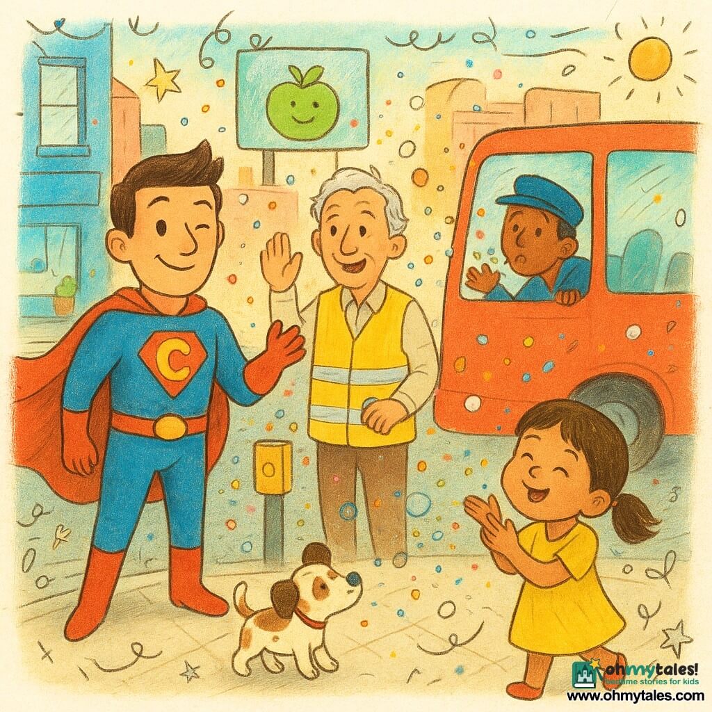 A smiling, confident superhero Captain Wink with one eye winked, in a shiny blue costume and red cape, stands forward with hand raised leading a crowd as confetti and bubbles rain down around a partially covered pedestrian-button; beside him an older man, Mr. Noodle, in a yellow marshal vest waves a rectangular sign in the wind, a 6-year-old brown-haired girl in a yellow dress blows gently near the curb, a bus driver leans from a red bus window blowing too, and a spotted dog wags at bubbles on Sunny Street—colorful blue and pink buildings, a large smiling-apple digital billboard, warm sunlight, paper-and-paint textures, childlike rounded lines and doodle overlays.