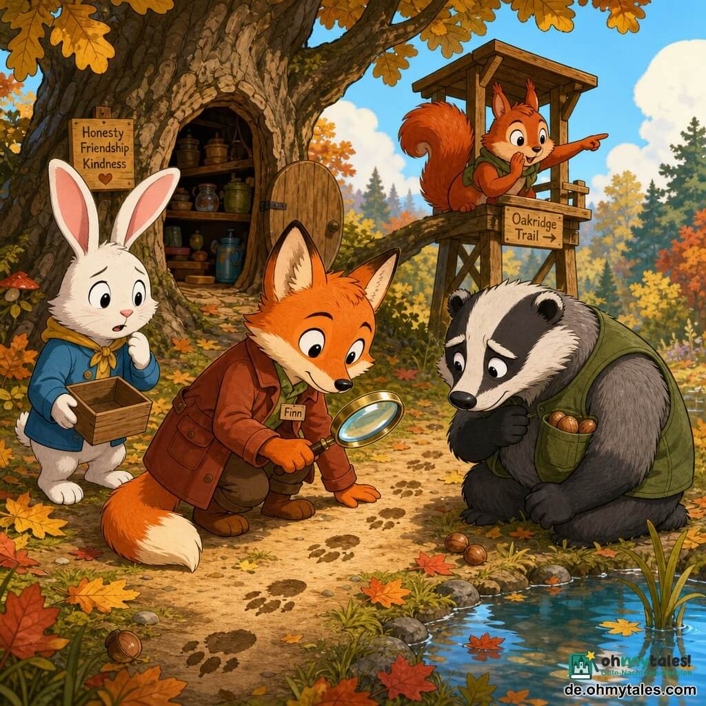 Finn, ein kleiner Fuchsdetektiv steht in der Mitte, neugierig und entschlossen mit einer glänzenden Lupe an der Pfote und braunrotem Mantel, über Begeben in den Boden gebeugt, Hoppel, ein weißer Hase mit langen Ohren, links von Finn, besorgt aber erleichtert, hält eine leere Schachtel, Max, ein kompakter Dachs mit grau-schwarzem Fell, rechts hockt er verlegen am Teich mit ein paar Haselnüssen aus der Tasche, Nelli, ein kleiner roter Eichhörnchen, flüsternd und aufmerksam auf einem niedrigen Ast der Holztribüne im Hintergrund und in eine Richtung zeigend; Schauplatz eine herbstliche Waldlichtung mit gelb-roten Blättern auf dem Boden, einer hohlen Stumpf-Vorratskammer unter einer großen Eiche, einer kleinen Holztribüne am Weg und einem glänzenden Teich, die Szene zeigt die Entdeckung der Haselnüsse, Fussspuren zum Dachs, freundliche Blicke und Gesten, warme Farben, klare Kontraste und einfache, kindgerechte Ausdrucksformen.