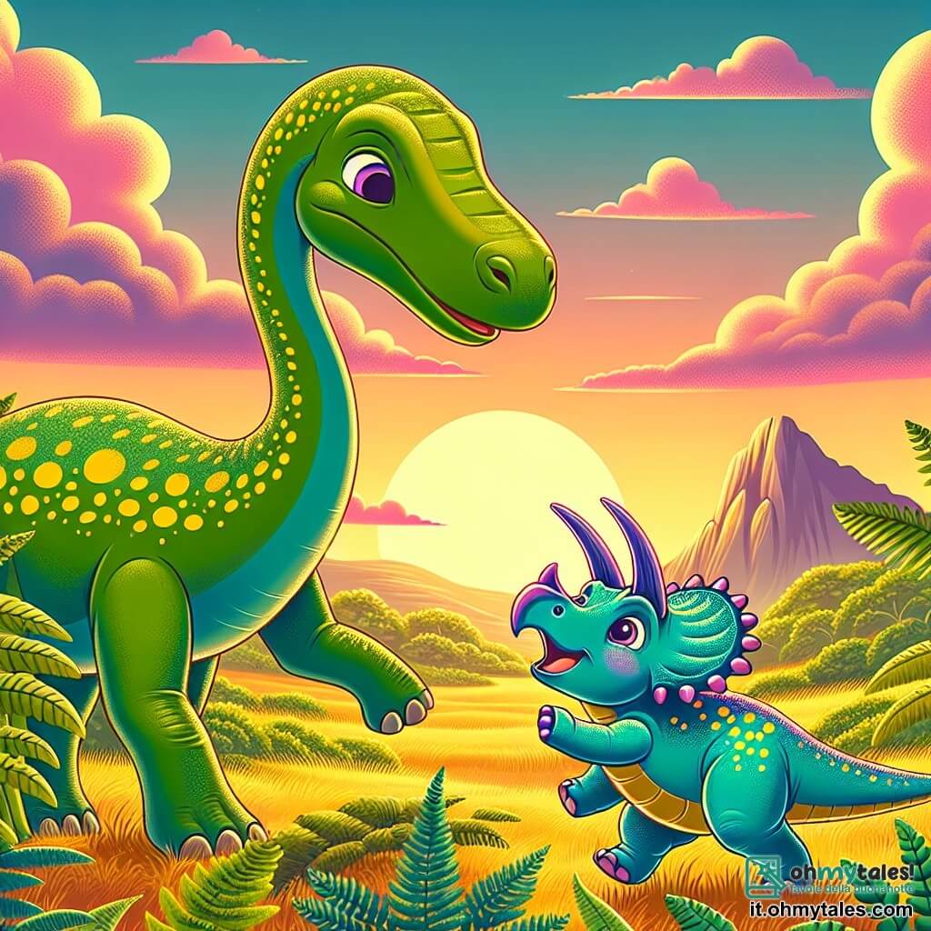 Un diplodoco di nome Dino, dal lungo collo elegante e dalla pelle verde maculata di giallo, si trova al centro della scena, mostrando un'espressione di determinazione e curiosità. Sta allungando il collo verso un piccolo triceratopo di nome Tricera, che ha una pelle blu brillante e tre corna lucenti, e sembra entusiasta, saltellando accanto a Dino con un grande sorriso. La scena si svolge in una vasta pianura preistorica, illuminata dalla luce dorata del sole al tramonto, con felci lussureggianti e montagne lontane sullo sfondo. Nuvole rosa e arancioni fluttuano nel cielo, aggiungendo un tocco magico all'atmosfera. Dino e Tricera si preparano a partire per un'avventura alla ricerca di un drago di pietra, determinati a proteggere il loro territorio dai Velociraptor, circondati da un'atmosfera di eccitazione e amicizia, pronti a superare insieme tutti gli ostacoli.