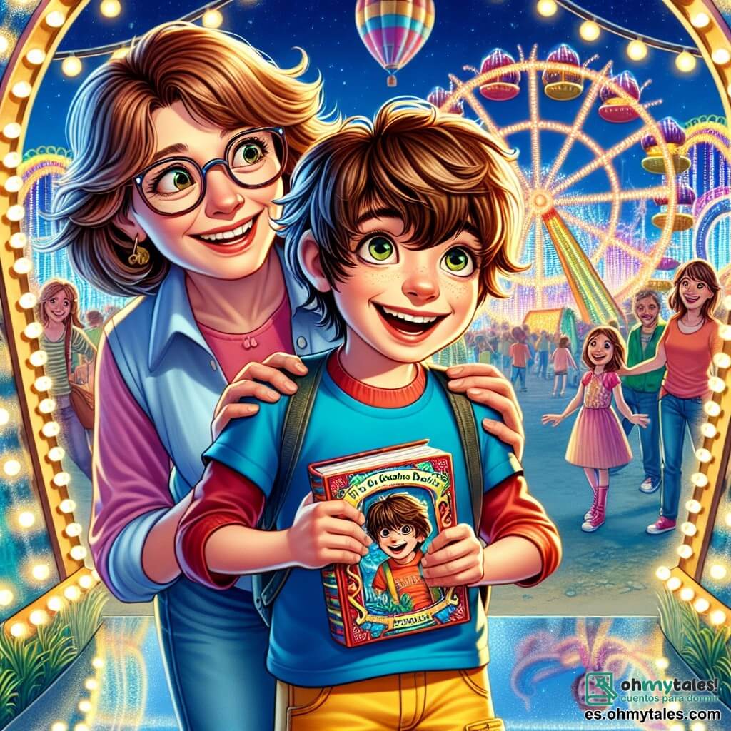 Un chico de 11 años, Lucas, con cabello castaño desordenado y ojos llenos de curiosidad, está en el centro de la imagen, sonriendo ampliamente. Lleva una camiseta azul y un short amarillo, sosteniendo un libro colorido titulado "El Gran Libro de las Aventuras Fantásticas" contra su pecho, con los ojos brillantes de emoción. A su lado, su madre, una mujer de unos treinta años con cabello castaño y gafas, sonríe cálidamente, vestida con una blusa rosa y jeans. Se inclina ligeramente hacia Lucas, compartiendo su alegría. El escenario es el Parque de Aventuras de San Felín, un lugar vibrante y colorido, lleno de atracciones brillantes, globos flotantes y risas de niños. En el fondo, se ve una noria iluminada y un laberinto de espejos, creando una atmósfera mágica y festiva. La escena representa el momento en que Lucas y su madre descubren juntos el laberinto de espejos, un lugar misterioso y encantador donde comienza su aventura.