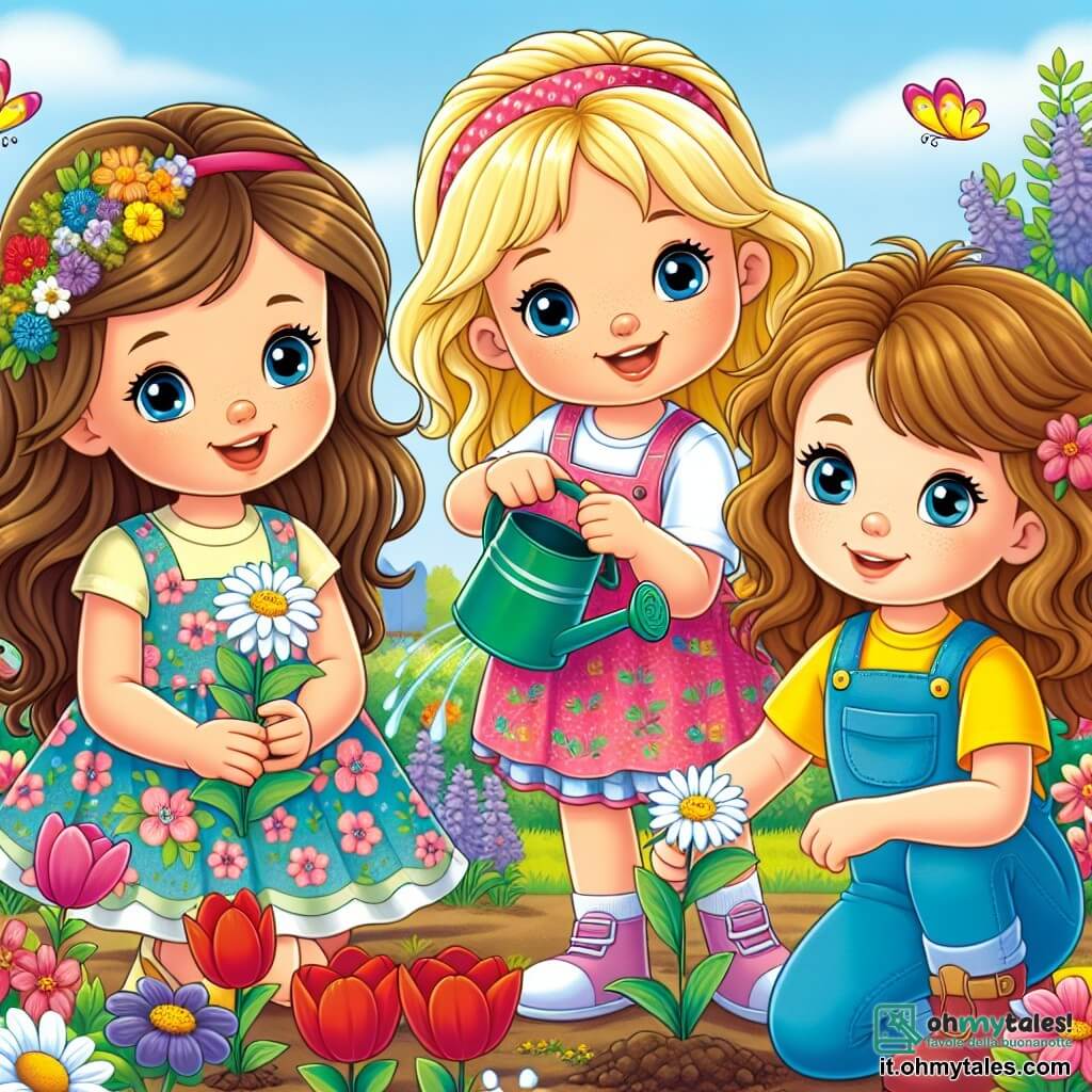 Tre ragazze, Sofia, Giulia e Marta, sono riunite in un giardino colorato. Sofia, di 8 anni, ha lunghi capelli castani e indossa un vestito a fiori, tiene un piccolo annaffiatoio con un grande sorriso. Giulia, anch'essa di 8 anni, ha capelli biondi e ricci, è vestita con una maglietta gialla e una gonna rosa, mostra una margherita che ha appena piantato. Marta, la più piccola con i suoi 7 anni, ha capelli castani e indossa una salopette blu, è accucciata mentre scava una piccola buca con una piccola pala. Il giardino è un vero arcobaleno di fiori: tulipani rossi, violette e margherite bianche fioriscono sotto un cielo azzurro. Gli uccelli cantano sugli alberi e farfalle colorate volano tra i fiori. Le tre amiche lavorano insieme con entusiasmo per piantare fiori, ridendo e condividendo storie, creando così un momento di gioia e amicizia nel cuore della natura primaverile.