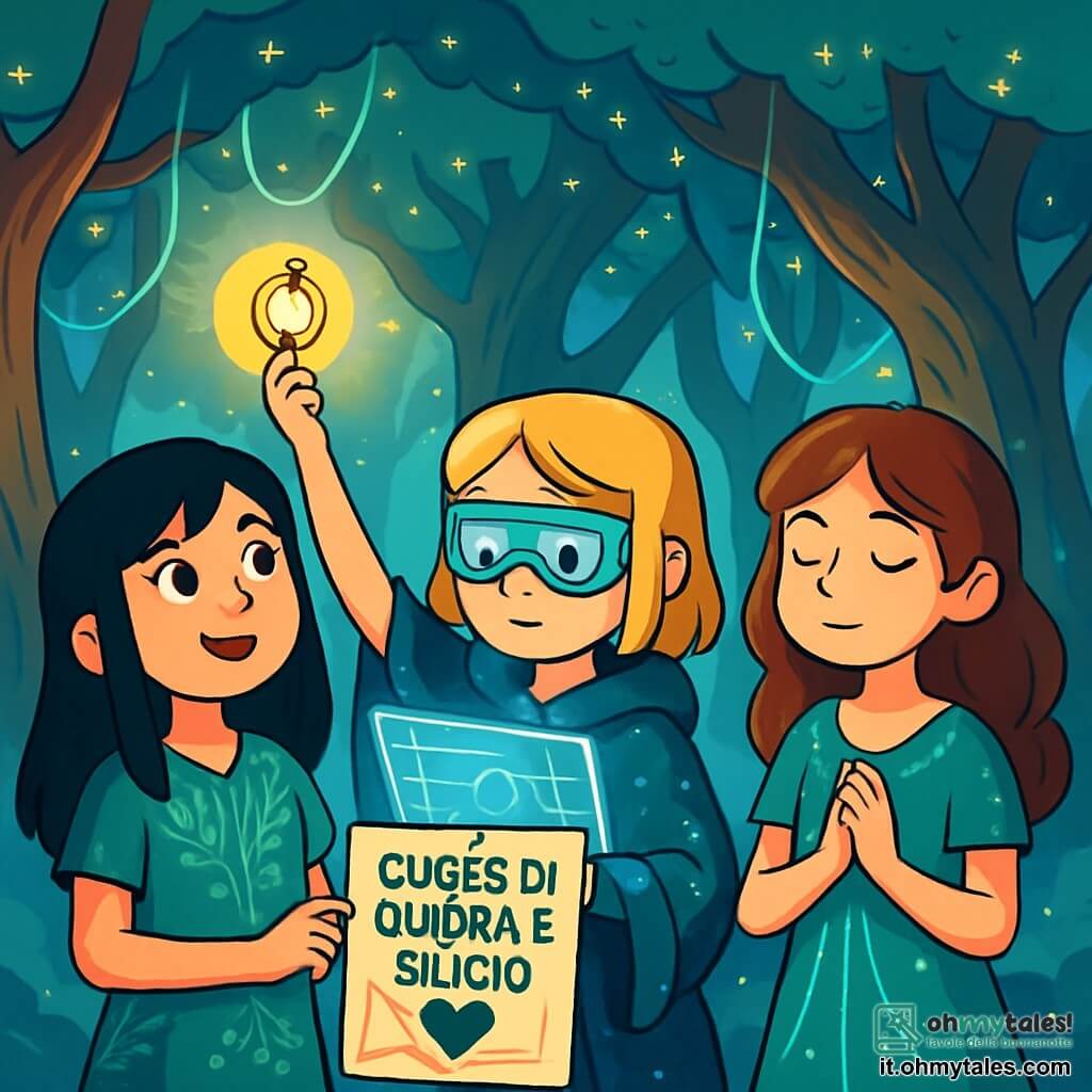 Ci sono 3 personaggi: - Arya: una ragazza di 12 anni con capelli neri come l'inchiostro e occhi brillanti di curiosità. Indossa una tunica di tessuto leggero, decorata con motivi di foglie argentate, e tiene un amuleto luminoso nella mano. - Elea: una ragazza di 12 anni, vestita con un mantello cibernetico scintillante, con capelli biondi e occhiali futuristici. È chinata su uno schermo olografico che illumina il suo viso, scrutando le informazioni. - Sira: una ragazza di 12 anni, con capelli castani e occhi dolci. Indossa un vestito fatto di fili di luce e rimane in silenzio, ascoltando i sussurri degli spiriti della foresta. Le tre amiche si trovano nel cuore della Foresta di Nebra, un luogo magico dove enormi alberi dai tronchi contorti si ergono verso il cielo, le cui foglie brillano come stelle. Viti luminose pendono dai rami e una leggera nebbia avvolge il terreno, creando un'atmosfera misteriosa e incantevole. La scena principale mostra le tre ragazze mentre pianificano la loro ricerca per trovare il Cuore di Ombra e Silicio. Arya, con determinazione, alza il suo amuleto, mentre Elea consulta il suo schermo e Sira chiude gli occhi, ascoltando le voci degli spiriti. L'atmosfera è tesa ma piena di speranza, con raggi di luce che filtrano attraverso il fogliame.