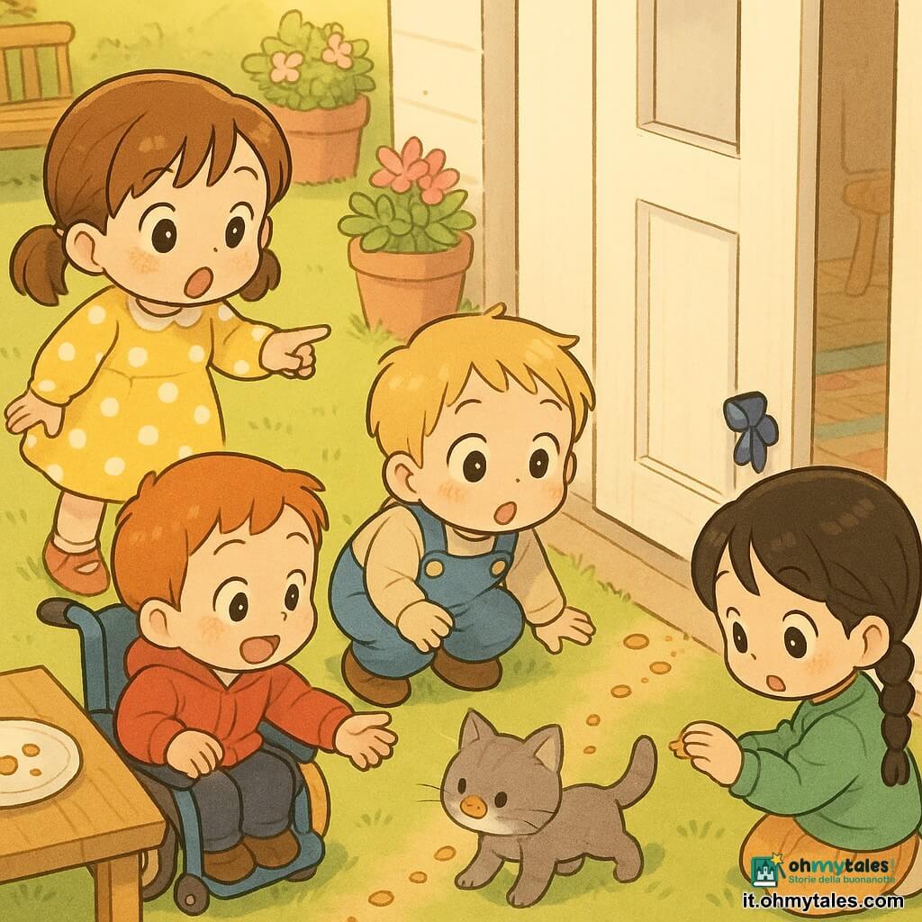 Quattro bambini di 3 anni: Anna (capelli castani in coppine) a sinistra indica una briciola sul portone, Leo (biondo) al centro accucciato osserva la scia di briciole, Mia (capelli neri in treccia) a destra tocca un piccolo fiocco blu, Tom (rossiccio) su una piccola carrozzina colorata vicino ad Anna sorride e tende la mano verso un gattino grigio e morbido che esce da una fessura sotto la porta con una briciola sul muso; scena in un giardino domestico nel tardo pomeriggio con prato rasato, tavolo di legno con briciole, porta bianca socchiusa, vasi di fiori rosa e atmosfera calda, gioiosa e rassicurante.