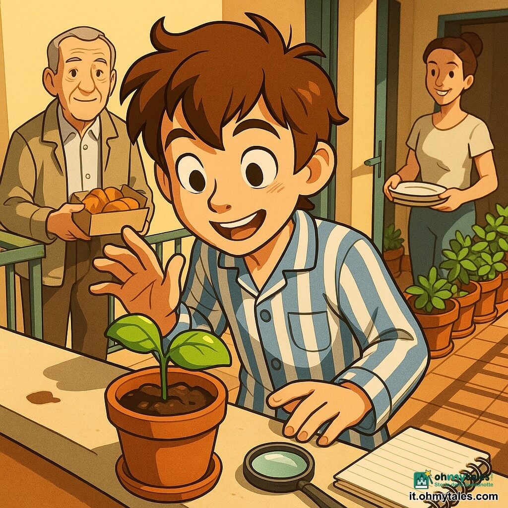 Un ragazzo di 12 anni, meravigliato e sorridente, capelli castani spettinati, occhi grandi e brillanti, in pigiama a righe, si china su un piccolo vaso di terracotta su un balcone soleggiato con una mano a distanza dalle foglie, mentre un anziano (nonno, circa 70 anni) dal volto rugoso e dolce, capelli corti e grigi e giacca leggera, tiene una scatoletta di cornetti e lo osserva con orgoglio dal retro del balcone, e una donna adulta (madre, circa 35 anni) con i capelli raccolti in uno chignon e maglietta chiara porta tre piatti sorridendo vicino alla porta finestra; il balcone ha piastrelle calde, ringhiera in ferro verde, piante in vaso e un vasetto di basilico in terracotta con una targhetta di legno, una macchia di terra sul davanzale e la luce dorata del mattino; la scena principale mostra due piccole foglie di basilico verde vivo che spuntano dal terreno scuro e umido, il ragazzo chino con un quadernino a quadretti e una lente sul davanzale, atmosfera calma, intima e piena di meraviglia.
