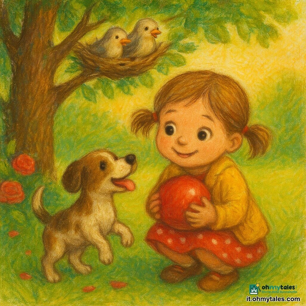 Bambina di 4 anni felice e curiosa, capelli castano chiaro in due codine, occhi grandi e luminosi, giacca gialla e vestito a pois rossi, accucciata mentre stringe una palla rossa lucida al petto; accanto Milo, cane maschio marrone macchiato di bianco, lingua fuori e coda scodinzolante, in piedi sulle zampe posteriori come a indicare la direzione; due uccellini nel nido su un ramo vicino la osservano; un grande albero dal tronco rugoso e foglie verdi sul lato sinistro, un cespuglio di rose rosse con petali sull’erba; scena di giardino soleggiata al tardo pomeriggio, luce calda, atmosfera gioiosa e sicura — situazione principale: la bambina ritrova la sua palla tra i cespugli, sorridente e sollevata, Milo la mostra orgoglioso e gli uccellini osservano dal nido.