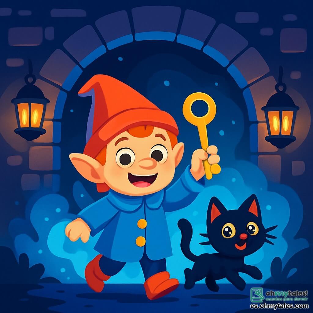Un pequeño duende llamado Leo, con una gran sonrisa alegre, lleva un abrigo azul brillante y un sombrero puntiagudo. Tiene ojos chispeantes de curiosidad y sostiene una llave dorada brillante en su mano. A su lado, un gato negro con ojos de cristal centelleantes, con una expresión traviesa, salta alegremente. Se encuentran bajo un viejo puente de piedra, donde una misteriosa niebla azul flota a su alrededor, iluminada por faroles dorados que brillan en la noche. La escena irradia una atmósfera mágica y aventurera, mientras Leo se prepara para explorar el portal oculto detrás de la niebla, listo para proteger su ciudad.