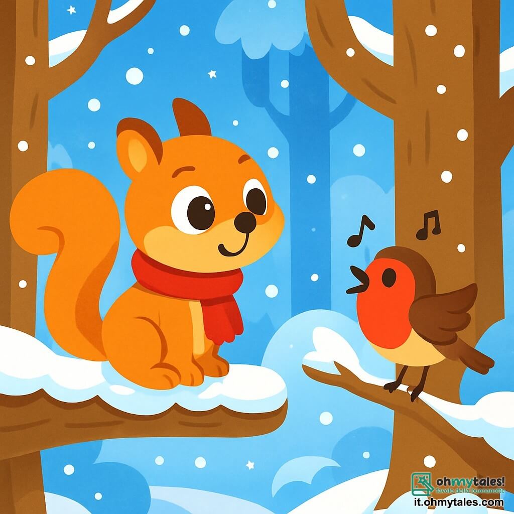 Un piccolo scoiattolo dagli occhi brillanti, chiamato Nocciolina, si trova su un ramo d'albero coperto di neve, con una sciarpa rossa intorno al collo. Ha un'espressione di curiosità e meraviglia, osservando il paesaggio invernale. Vicino a lui, un allegro pettirosso dal piumaggio rosso canta su un ramo, con gli occhi brillanti di gioia, mentre scuote delicatamente le ali. Il luogo è un magnifico boschetto di alberi maestosi, i cui tronchi robusti sono ornati di neve scintillante, con fiocchi di neve che cadono dolcemente dal cielo blu chiaro. Nocciolina esplora il suo ambiente innevato, meravigliato dalla bellezza dell'inverno.