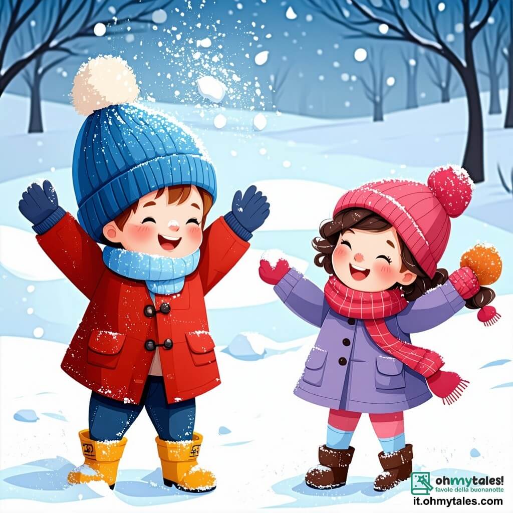 Un bambino di un anno, Leo, con guance rosa e occhi scintillanti, è in piedi nella neve, sorridendo con meraviglia. Indossa un bel cappotto rosso, un piccolo cappello blu e stivali gialli, mentre alza le braccia in aria, lanciando una palla di neve. Accanto a lui c'è la sua migliore amica Sofia, una bambina di due anni, con capelli ricci e un grande sorriso, che indossa un cappotto viola e un berretto rosa. Sta raccogliendo neve per fare un pupazzo di neve, piegandosi leggermente verso il suolo. Lo sfondo è un paesaggio invernale incantevole: alberi coperti di neve scintillante, cielo azzurro chiaro e fiocchi di neve che cadono dolcemente intorno a loro. La scena principale mostra Leo e Sofia che giocano gioiosamente nella neve, circondati da un grande pupazzo di neve che hanno costruito insieme, con accessori colorati come una sciarpa rossa e un cappello nero, creando un'atmosfera festosa e gioiosa.