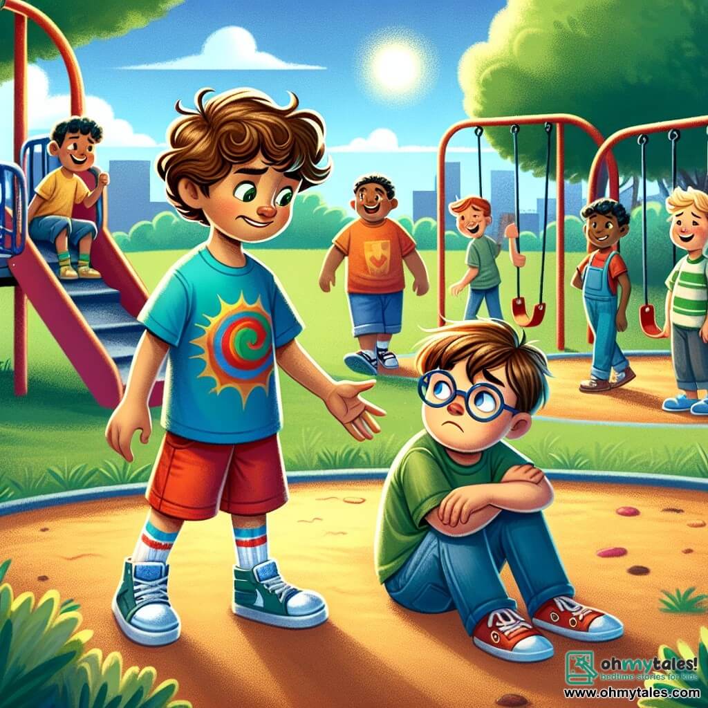 A 9-year-old boy named Oliver, with curly hair and a determined expression, stands on a colorful playground surrounded by swings and slides. He wears a blue superhero t-shirt and red shorts, reaching out to a sad-looking 8-year-old boy named Timmy, who has glasses and brown hair. Timmy, in a green t-shirt and jeans, looks at Oliver with hopeful eyes. In the background, a group of older kids, including 10-year-old Jake with blonde hair and a mocking smile, walks away laughing, creating a tense atmosphere. The sunny playground, with lush trees and a blue sky, contrasts with the delicate situation. Oliver bravely approaches Timmy to offer help and friendship, highlighting the importance of standing up against bullying.