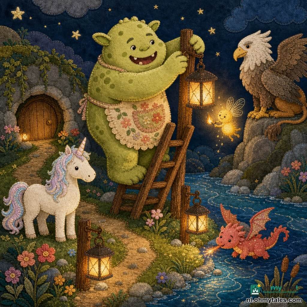 Een vriendelijke, rondgebouwde mannelijke ogre met zacht gezicht en blekgroene gevlekte huid in een bloementablo draagt een ladder en hangt een lanterne op terwijl een kleine gouden lichtbol genaamd Glim met zijden vleugels de natte lont verwarmt; links staat een kleine witte eenhoorn met iriserende manen in het gras, een rose-rode eendgrote draakje blies fonkelende vonkjes boven het water en een oude bruin-grijze griffioen zit op een rots te observeren; locatie: een nachtelijk rivieroeverpad met houten palen en lantaarns, kiezels en een grot met een ronde houten deur; sfeer zacht, warm en geruststellend.